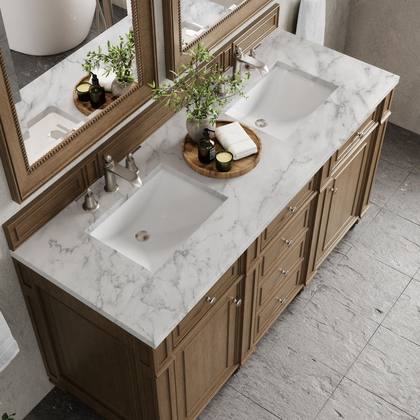 James Martin Bristol 60" Double Bathroom Vanity, Saddle Brown with Carrara White countertop