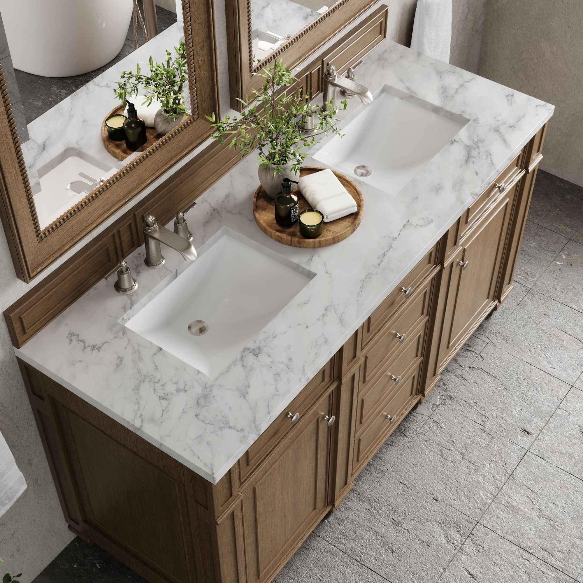 James Martin Bristol 60" Double Bathroom Vanity, Saddle Brown with Carrara White countertop