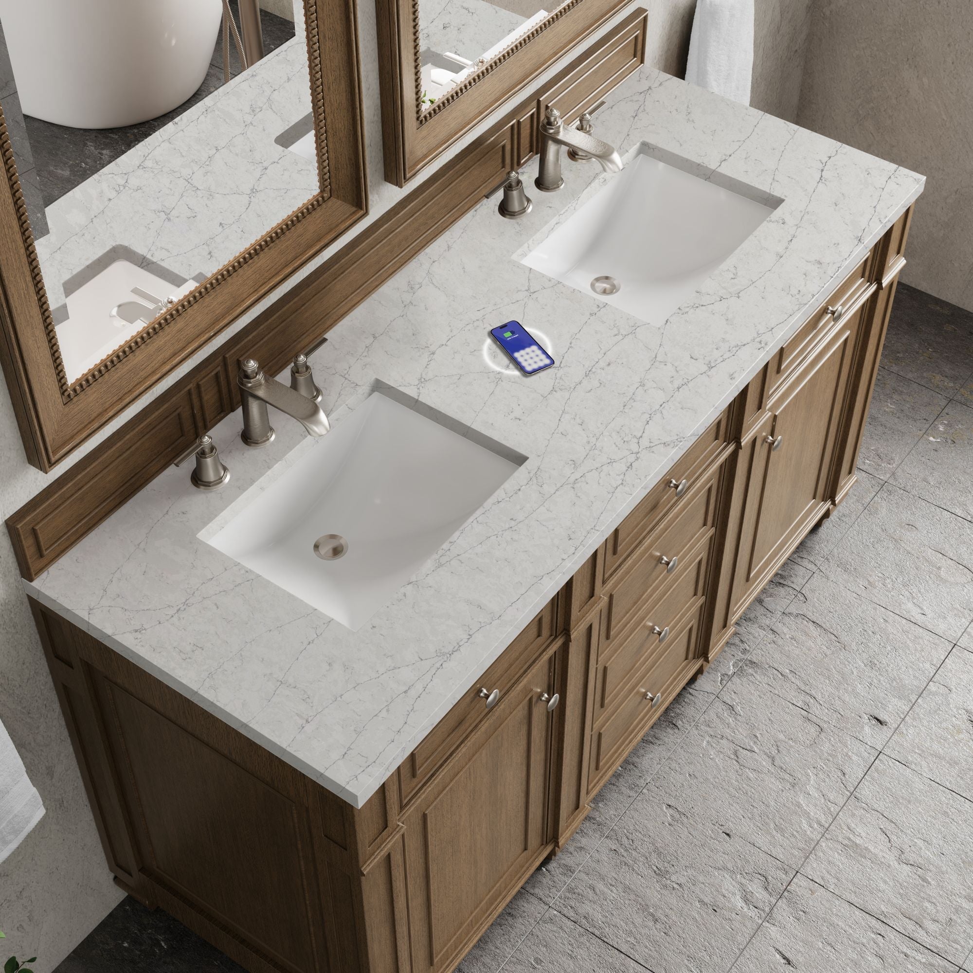 James Martin Bristol 60" Double Bathroom Vanity, Saddle Brown with Eternal Jasmine Pearl (FreePower) countertop