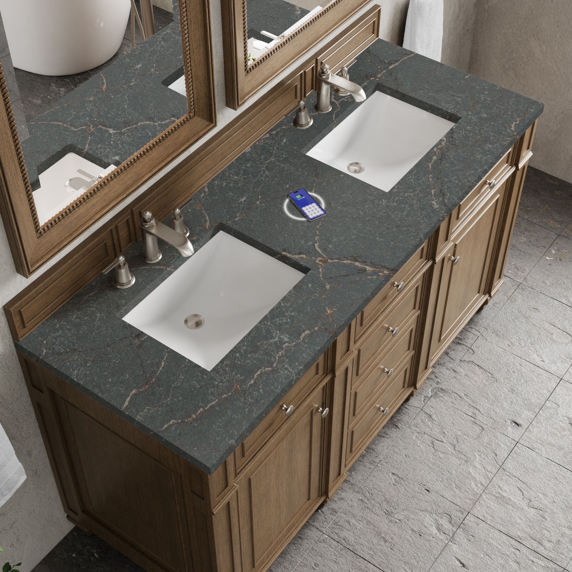 James Martin Bristol 60" Double Bathroom Vanity, Saddle Brown with Parisien Bleu (FreePower) countertop