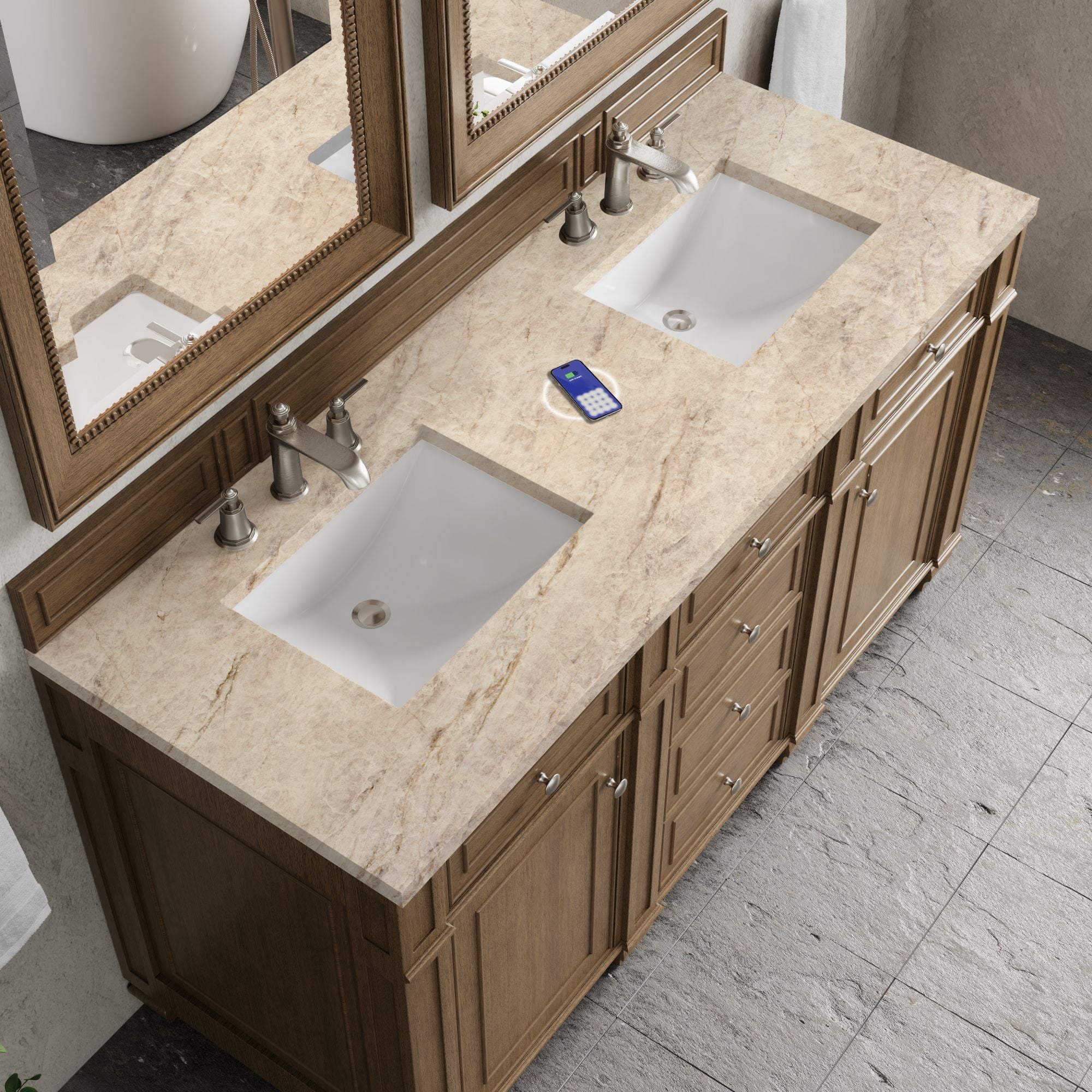 James Martin Bristol 60" Double Bathroom Vanity, Saddle Brown with Tajnar (FreePower) countertop