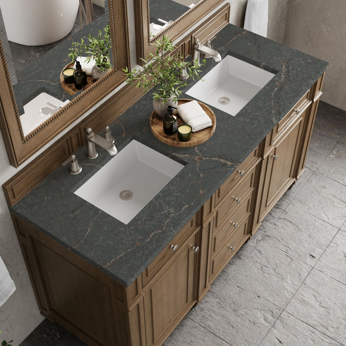 James Martin Bristol 60" Double Bathroom Vanity, Saddle Brown with Parisien Bleu countertop