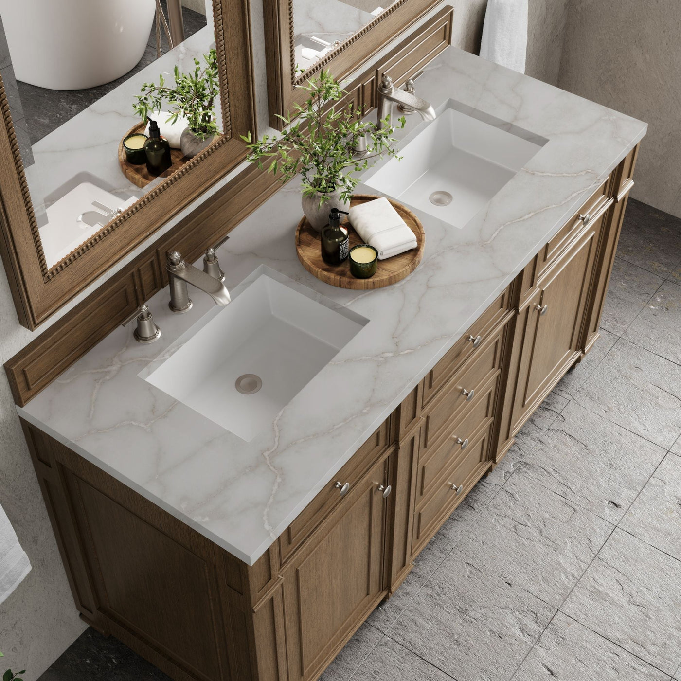 James Martin Bristol 60" Double Bathroom Vanity, Saddle Brown with Victorian Silver countertop