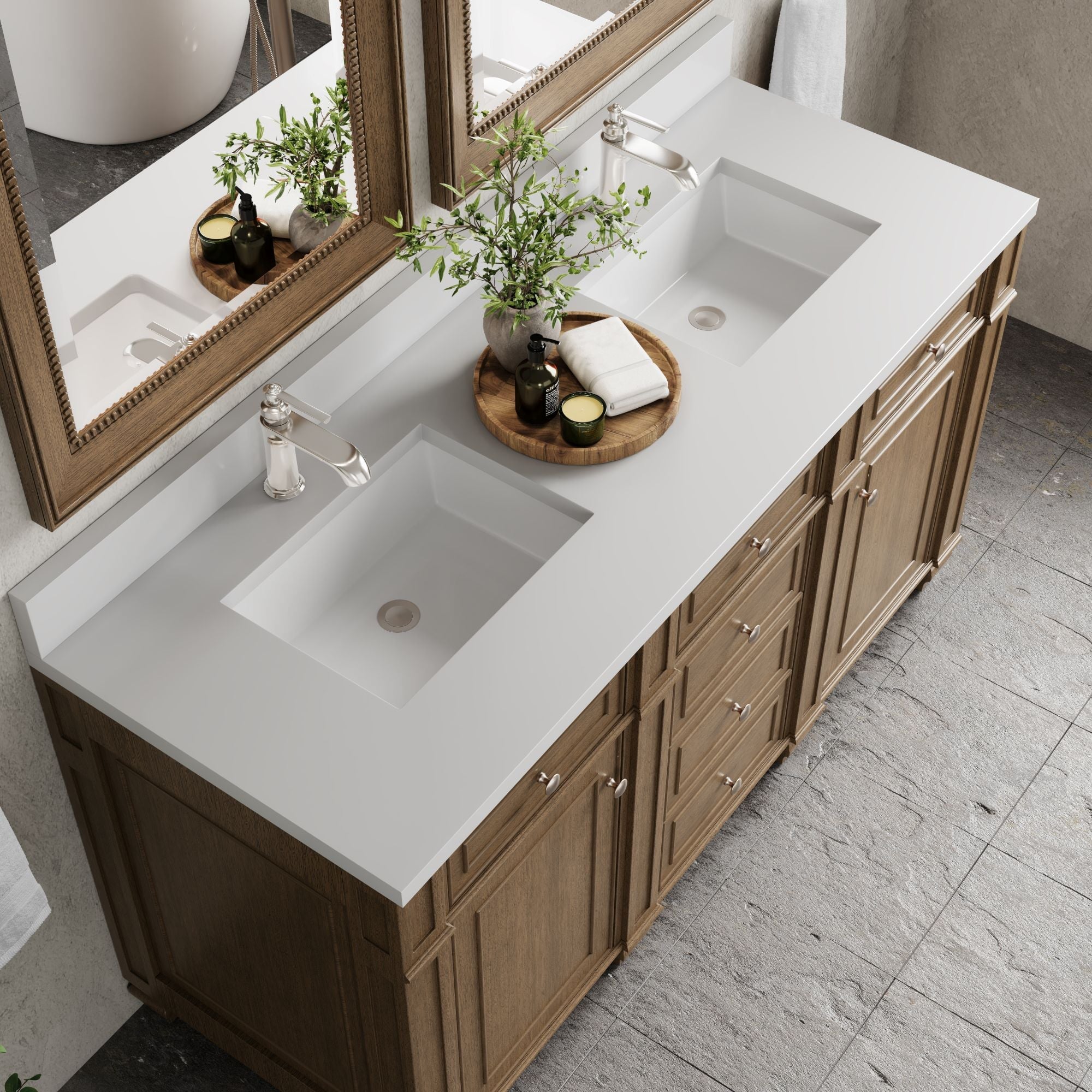 James Martin Bristol 60" Double Bathroom Vanity, Saddle Brown with White Zeus (Single Hole, with Backsplash) countertop