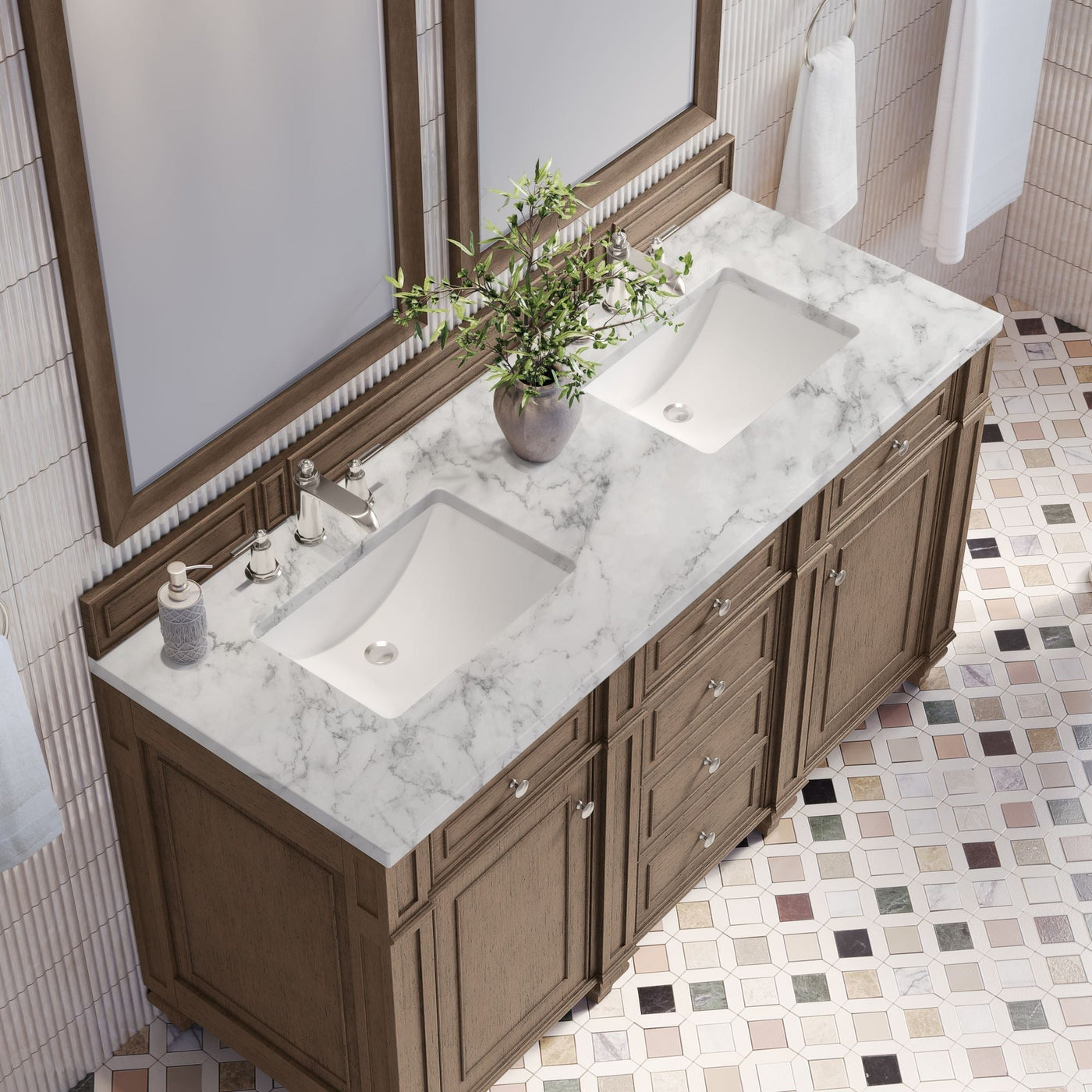 James Martin Bristol 60" Double Bathroom Vanity, Whitewashed Walnut with Carrara White countertop