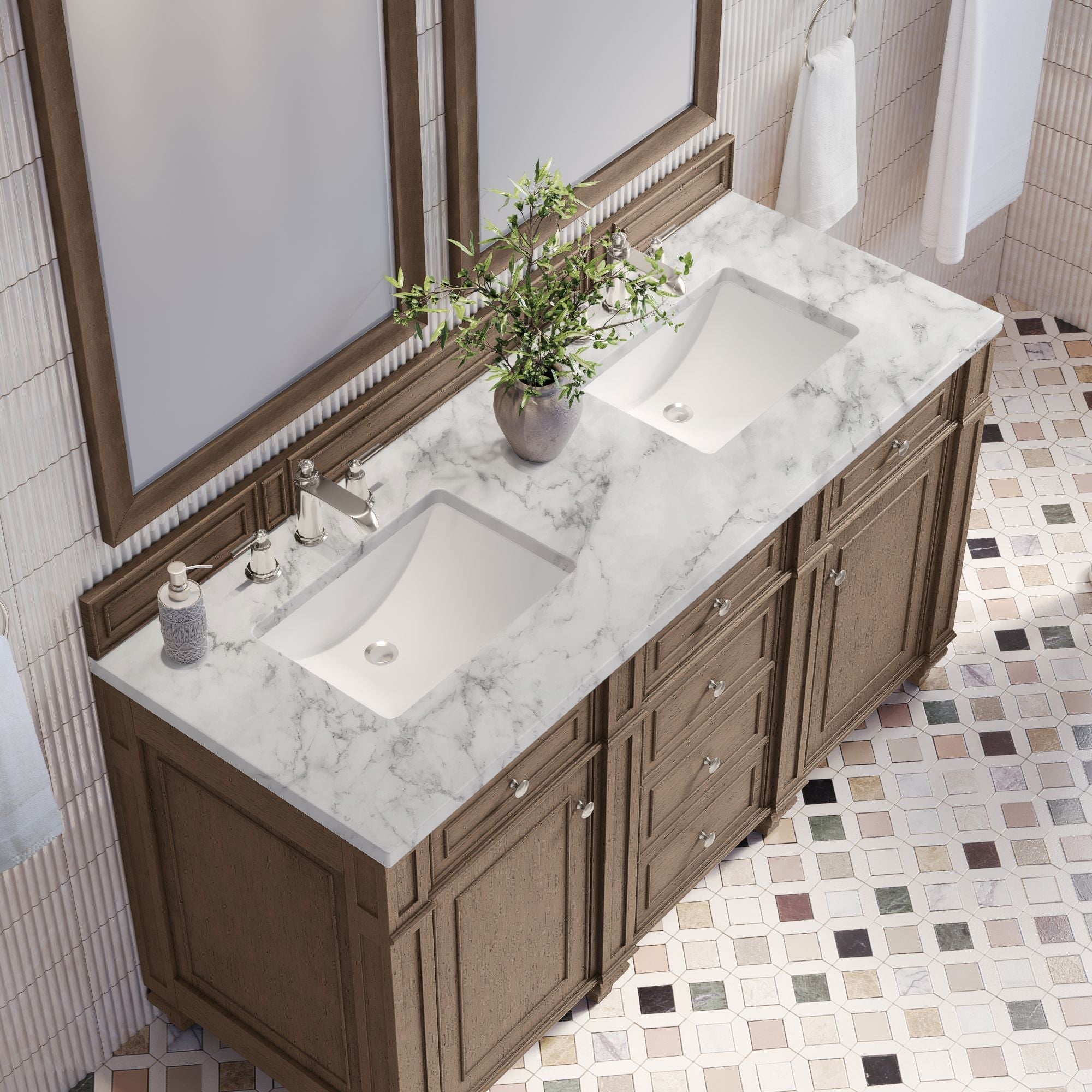 James Martin Bristol 60" Double Bathroom Vanity, Whitewashed Walnut with Carrara White countertop
