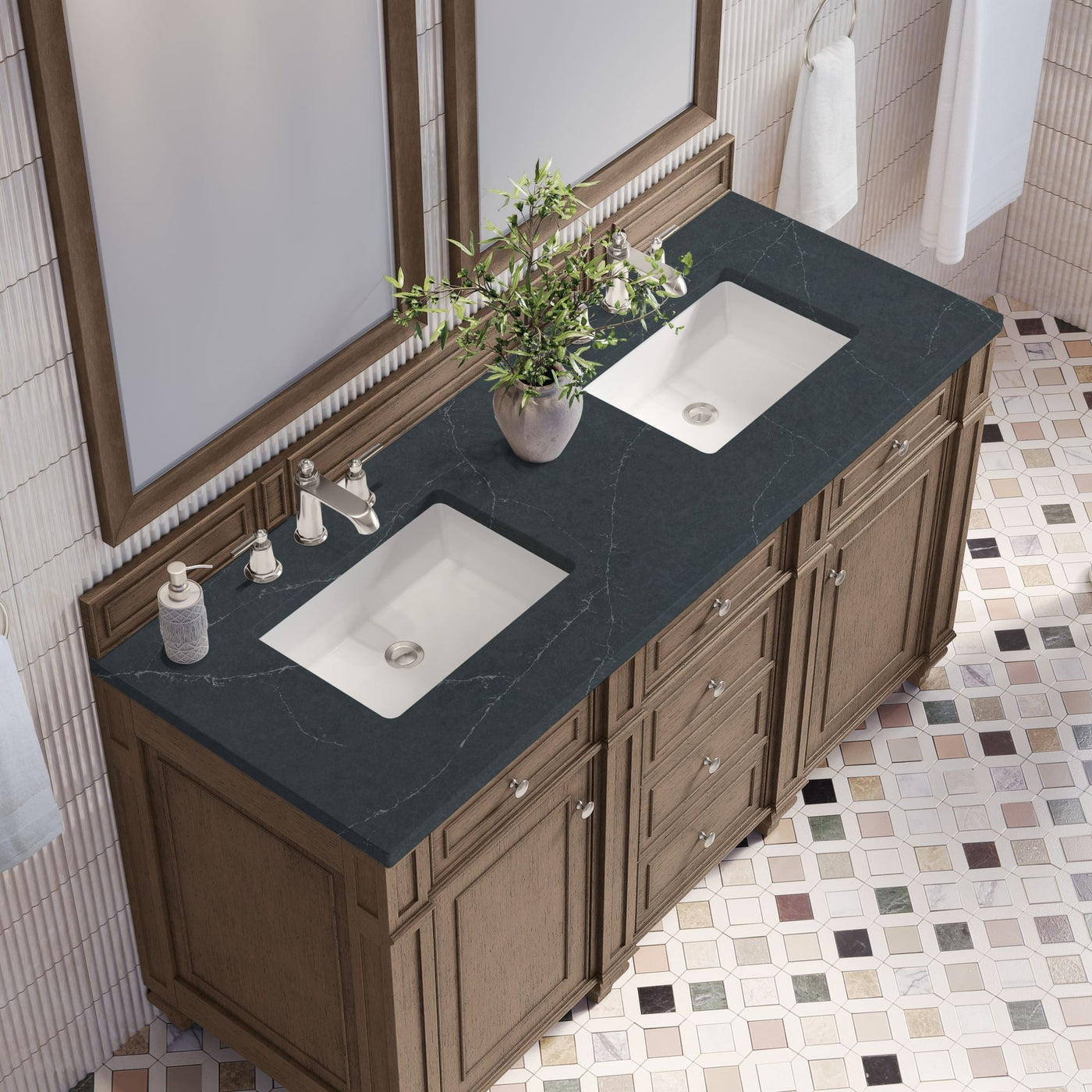 James Martin Bristol 60" Double Bathroom Vanity, Whitewashed Walnut with Charcoal Soapstone countertop