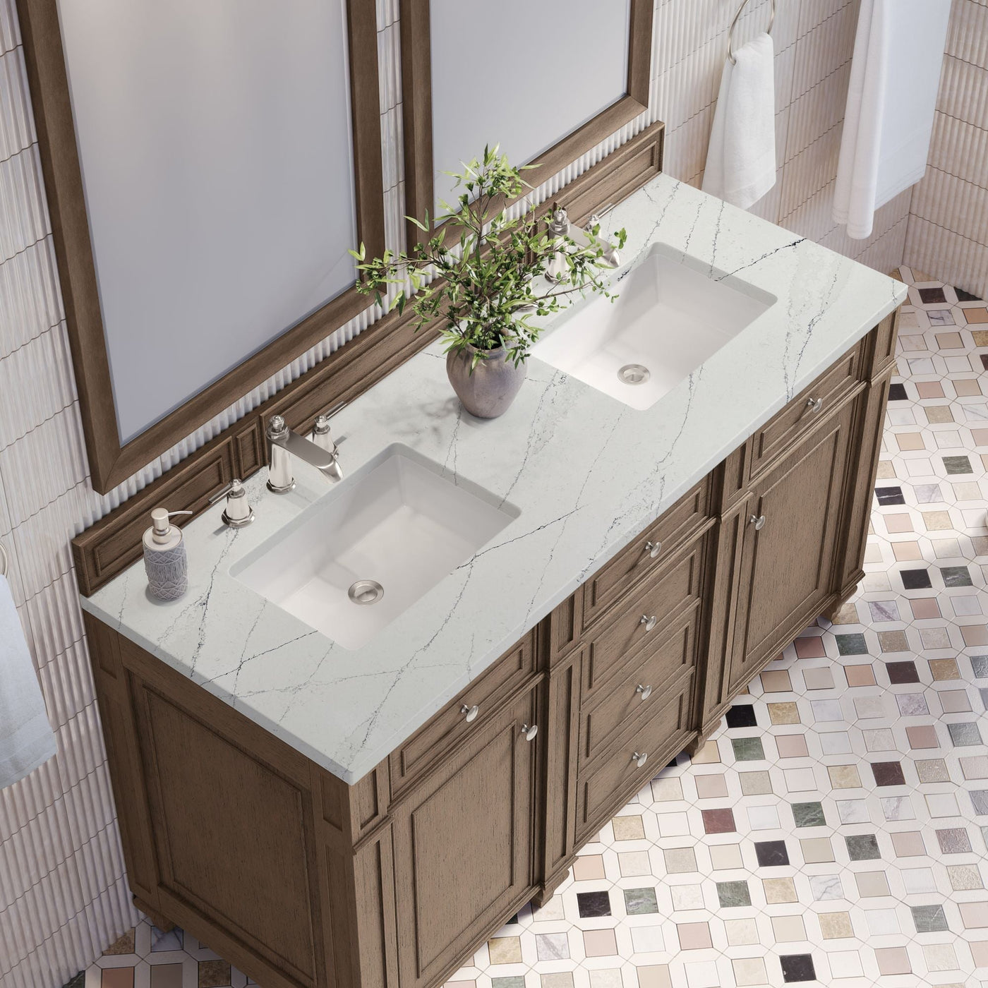 James Martin Bristol 60" Double Bathroom Vanity, Whitewashed Walnut with Ethereal Noctis countertop
