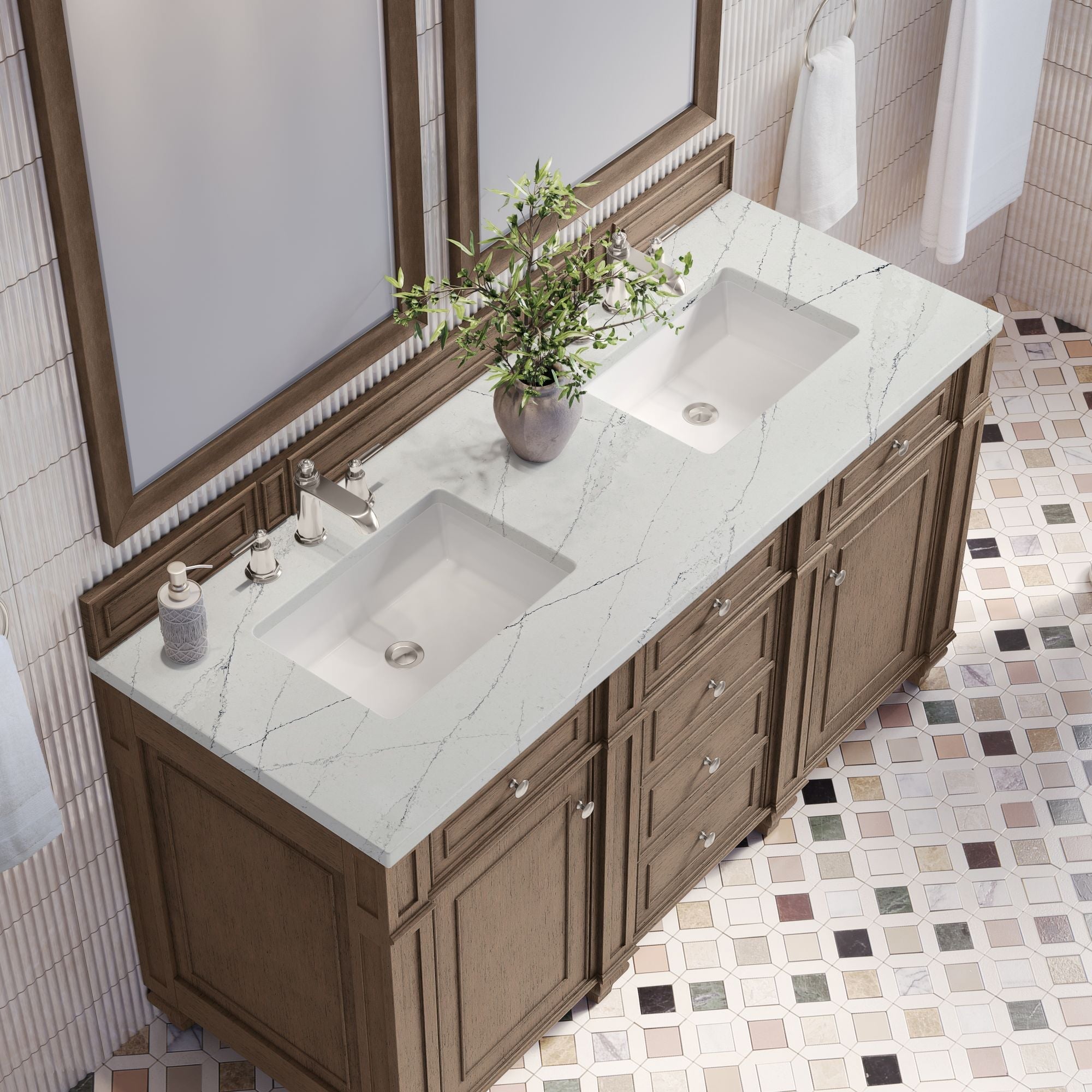 James Martin Bristol 60" Double Bathroom Vanity, Whitewashed Walnut with Ethereal Noctis countertop