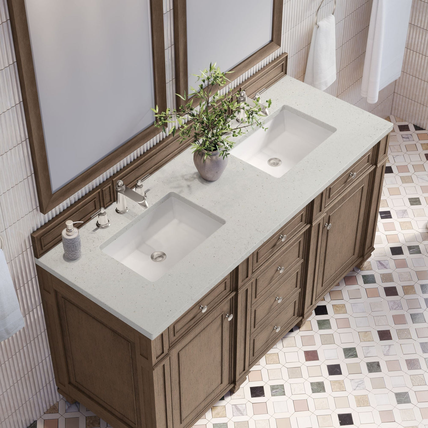 James Martin Bristol 60" Double Bathroom Vanity, Whitewashed Walnut with Lime Delight countertop