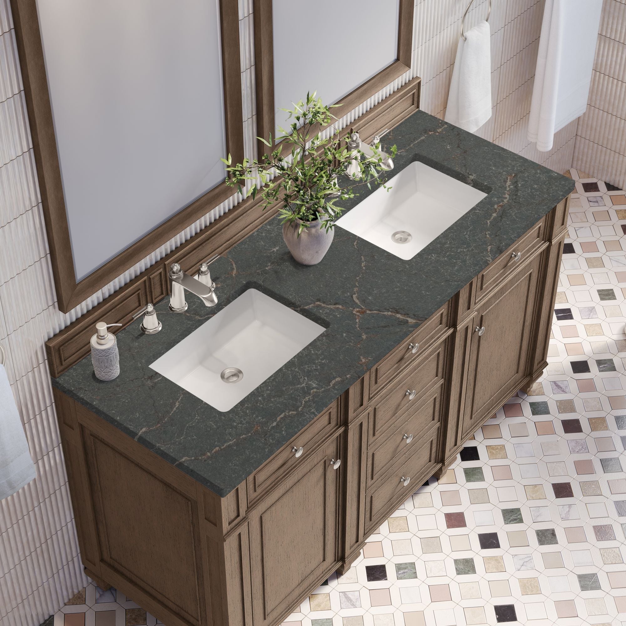 James Martin Bristol 60" Double Bathroom Vanity, Whitewashed Walnut with Parisien Bleu countertop