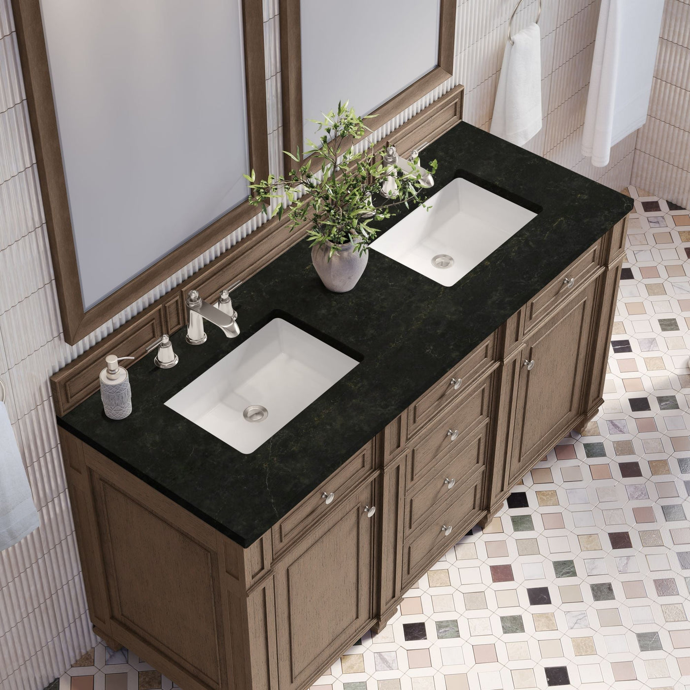 James Martin Bristol 60" Double Bathroom Vanity, Whitewashed Walnut with Phantome countertop