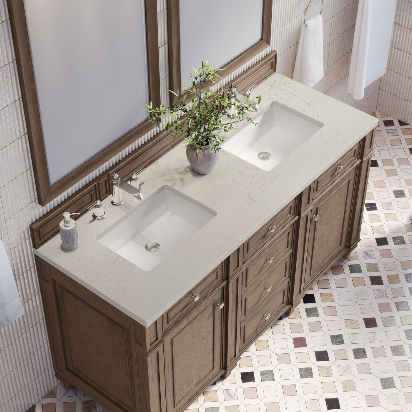 James Martin Bristol 60" Double Bathroom Vanity, Whitewashed Walnut with Siberian countertop
