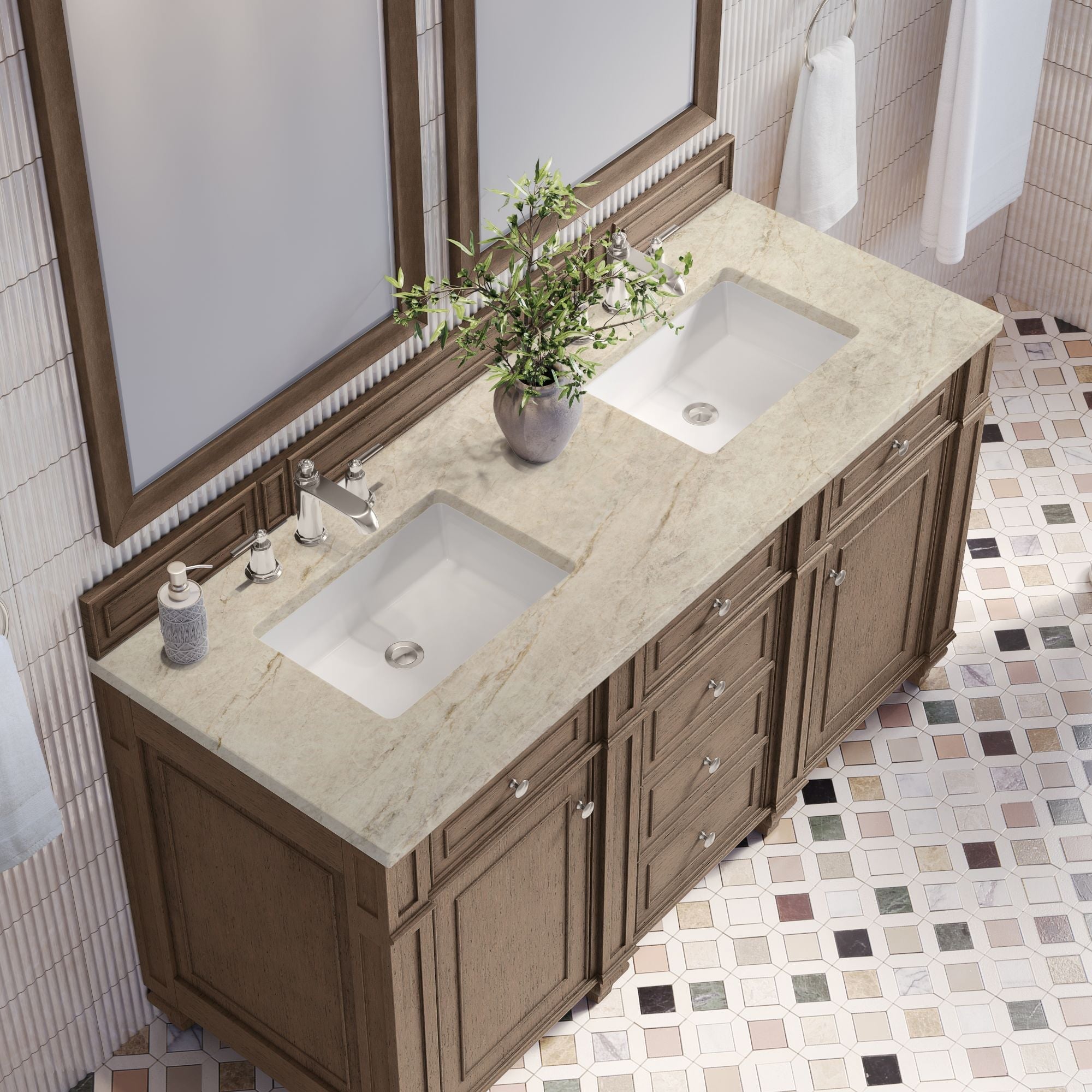 James Martin Bristol 60" Double Bathroom Vanity, Whitewashed Walnut with Tajnar countertop