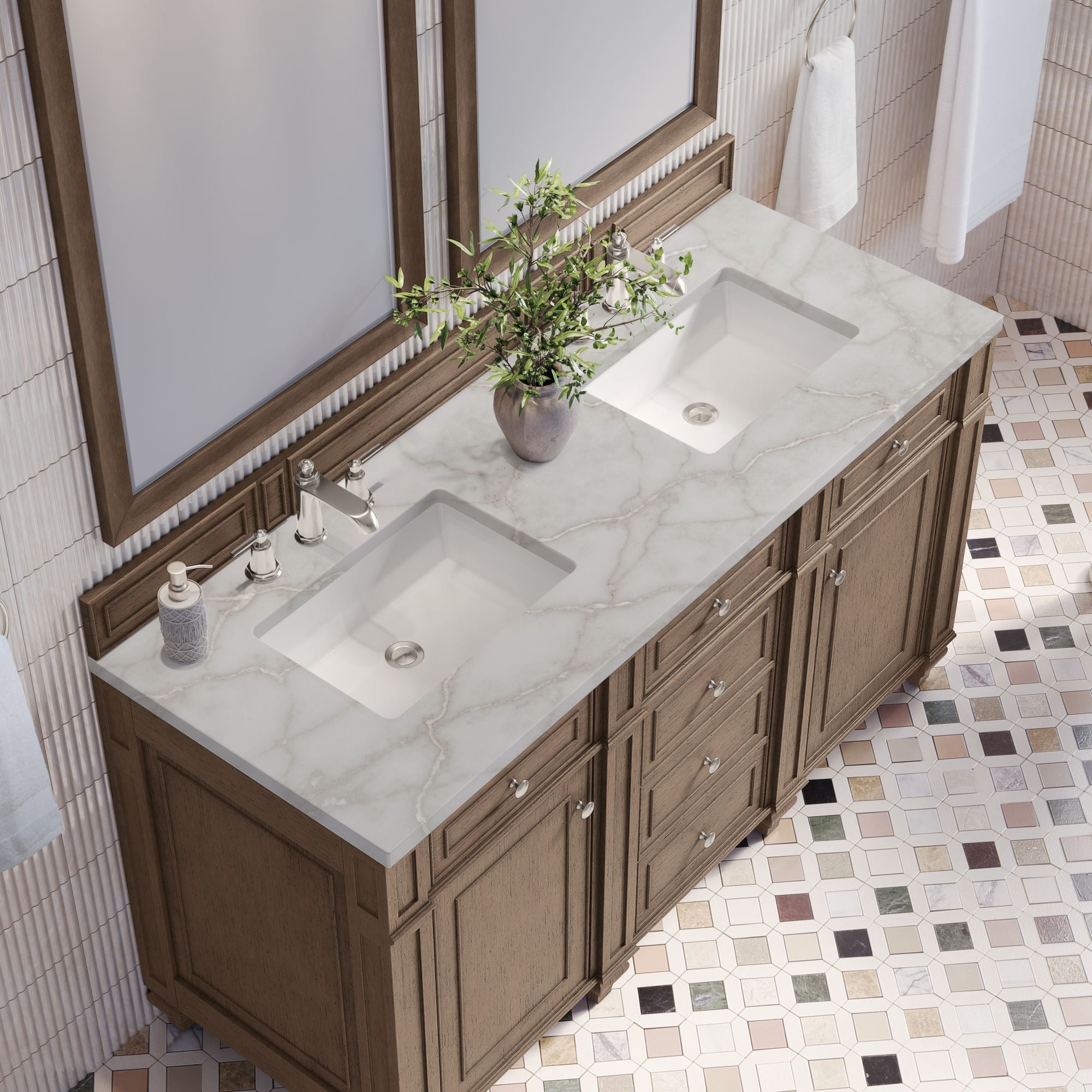 James Martin Bristol 60" Double Bathroom Vanity, Whitewashed Walnut with Victorian Silver countertop