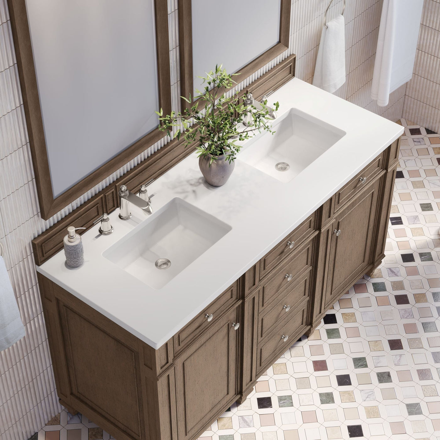 James Martin Bristol 60" Double Bathroom Vanity, Whitewashed Walnut with White Zeus countertop