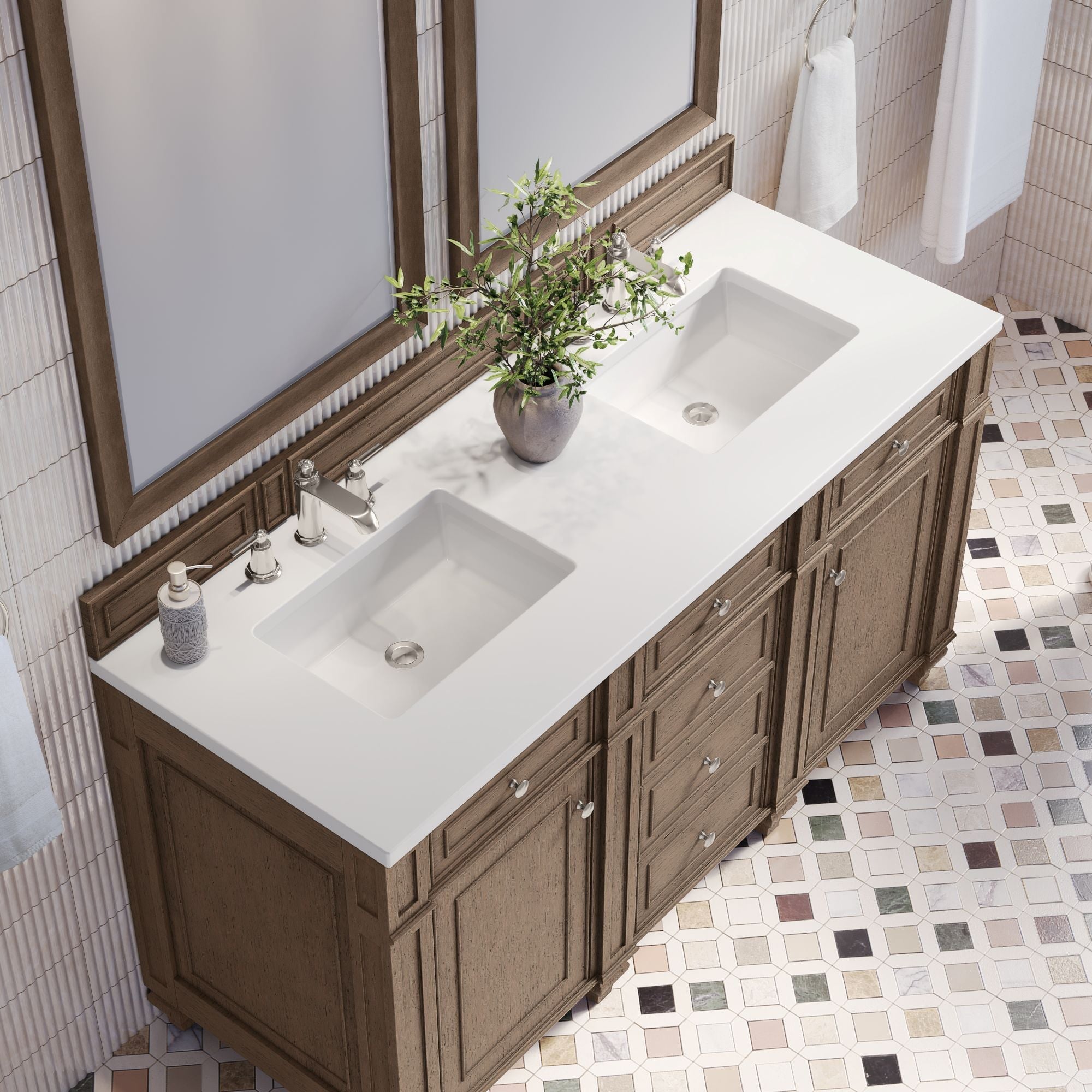 James Martin Bristol 60" Double Bathroom Vanity, Whitewashed Walnut with White Zeus countertop