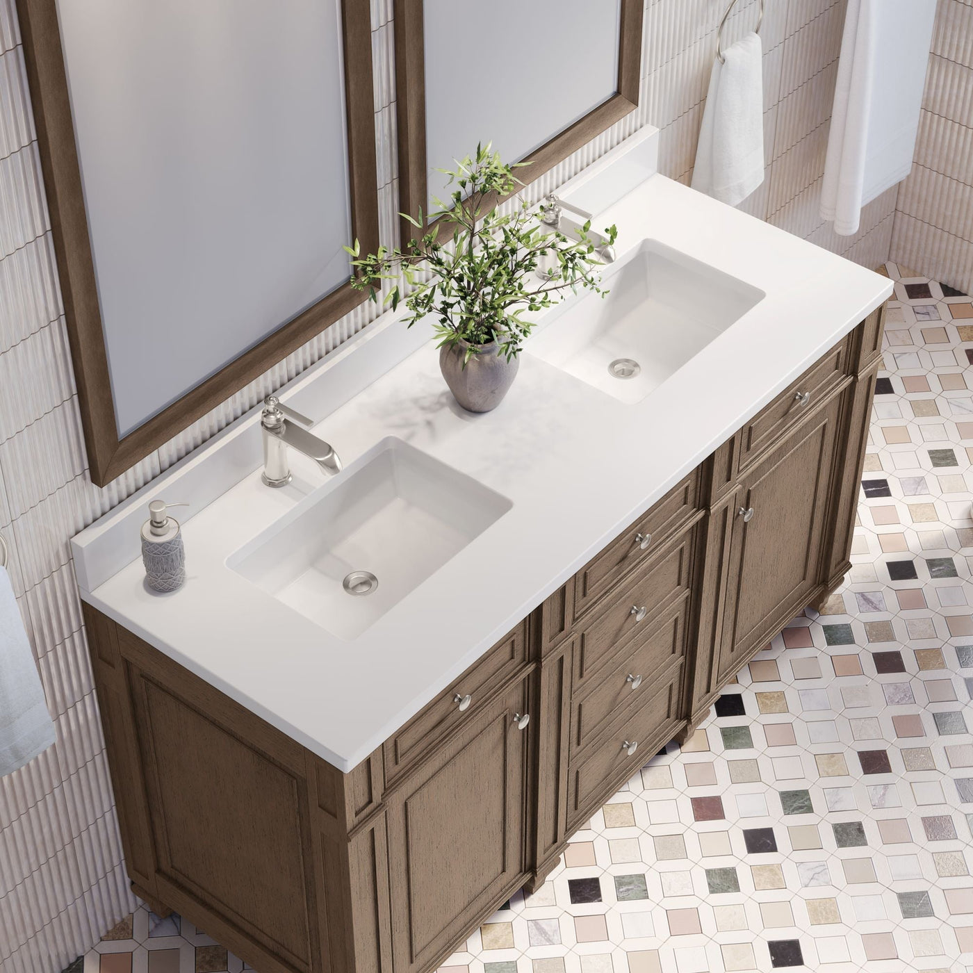 James Martin Bristol 60" Double Bathroom Vanity, Whitewashed Walnut with White Zeus (Single Hole, with Backsplash) countertop
