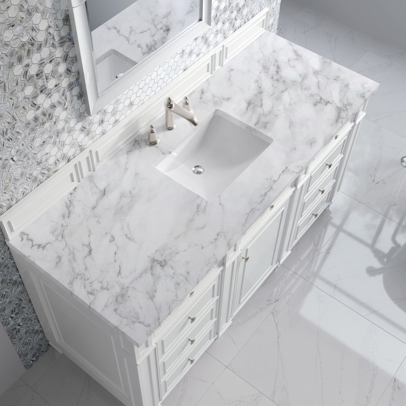 James Martin Bristol 60" Single Bathroom Vanity, Bright White with Carrara White countertop