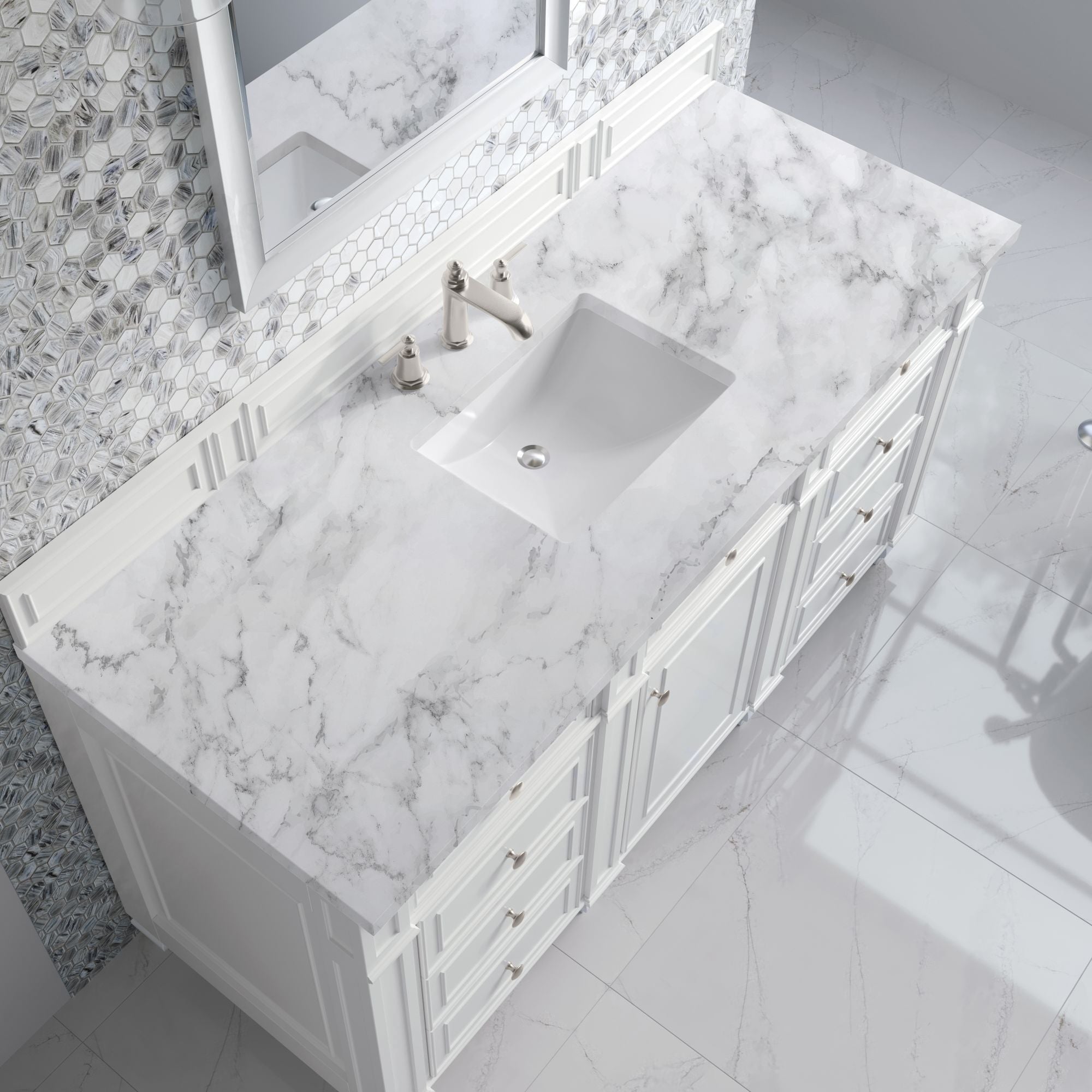 James Martin Bristol 60" Single Bathroom Vanity, Bright White with Carrara White countertop