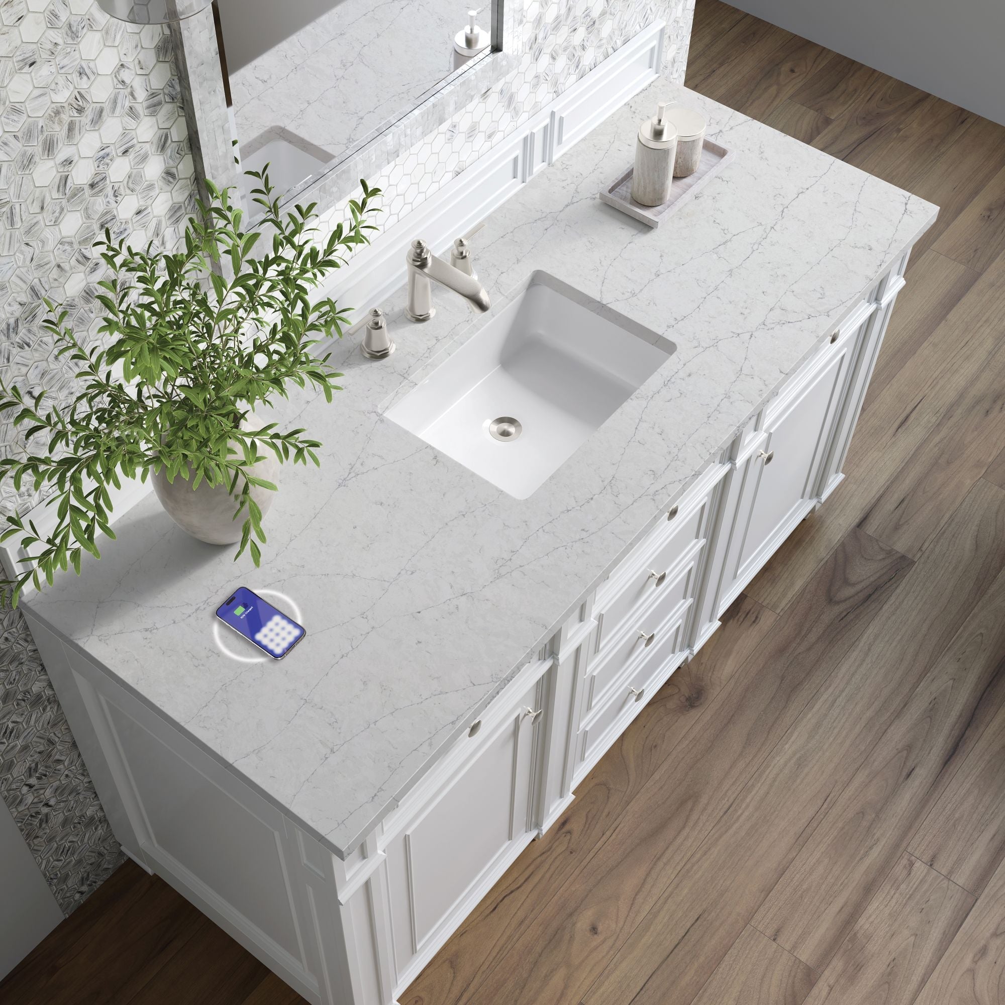 James Martin Bristol 60" Single Bathroom Vanity, Bright White with Eternal Jasmine Pearl (FreePower) countertop