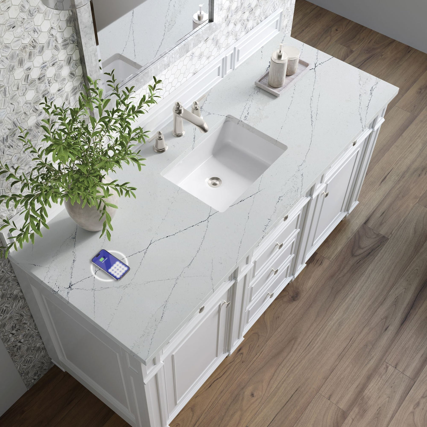 James Martin Bristol 60" Single Bathroom Vanity, Bright White with Ethereal Noctis (FreePower) countertop