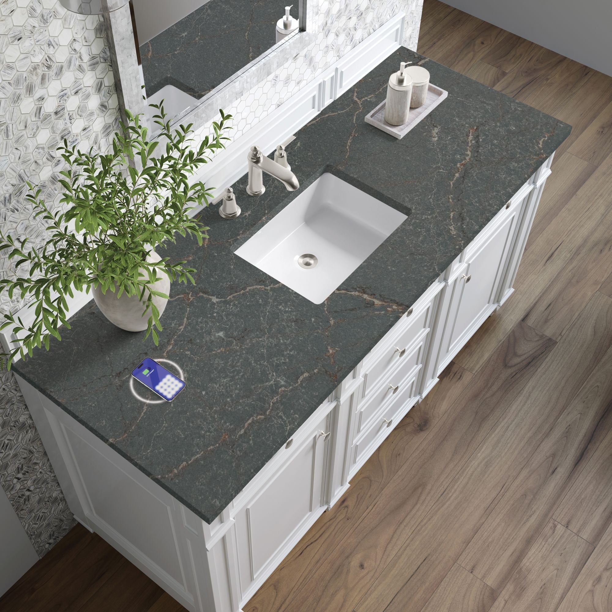 James Martin Bristol 60" Single Bathroom Vanity, Bright White with Parisien Bleu (FreePower) countertop