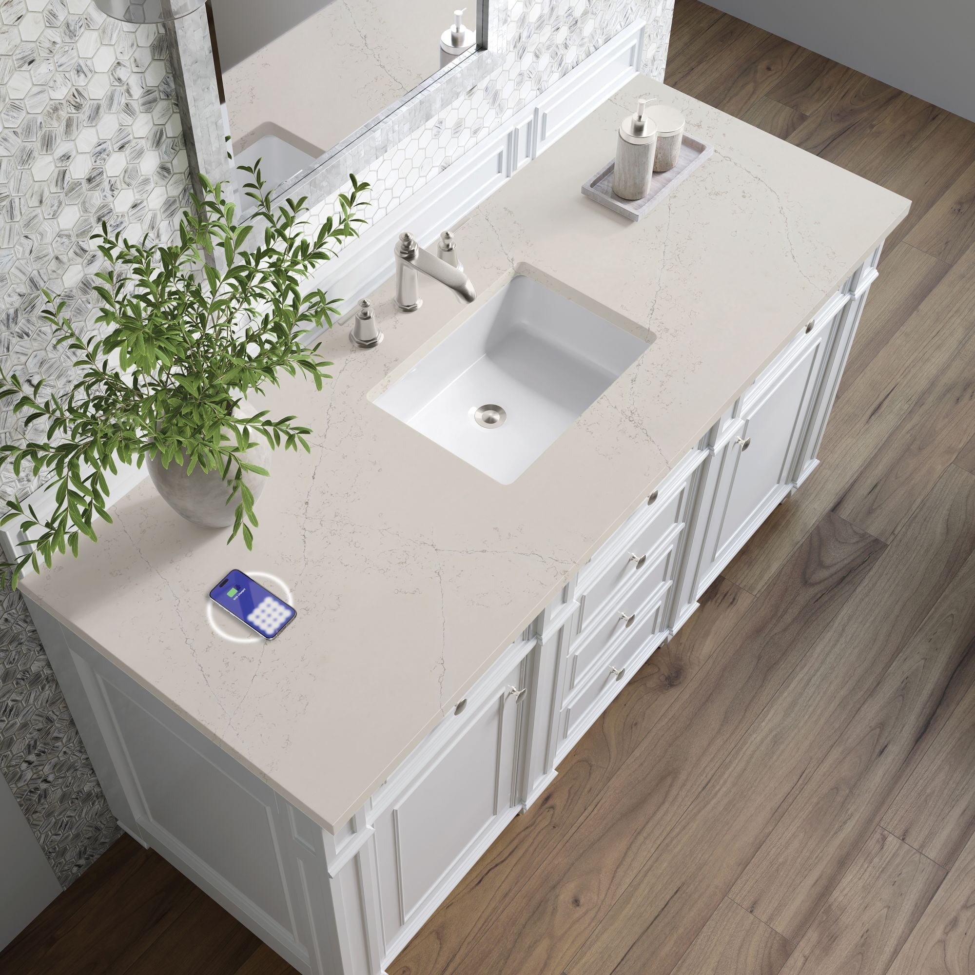 James Martin Bristol 60" Single Bathroom Vanity, Bright White with Siberian (FreePower) countertop