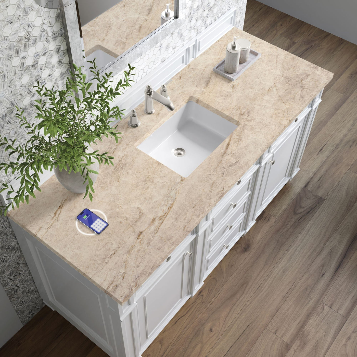 James Martin Bristol 60" Single Bathroom Vanity, Bright White with Tajnar (FreePower) countertop