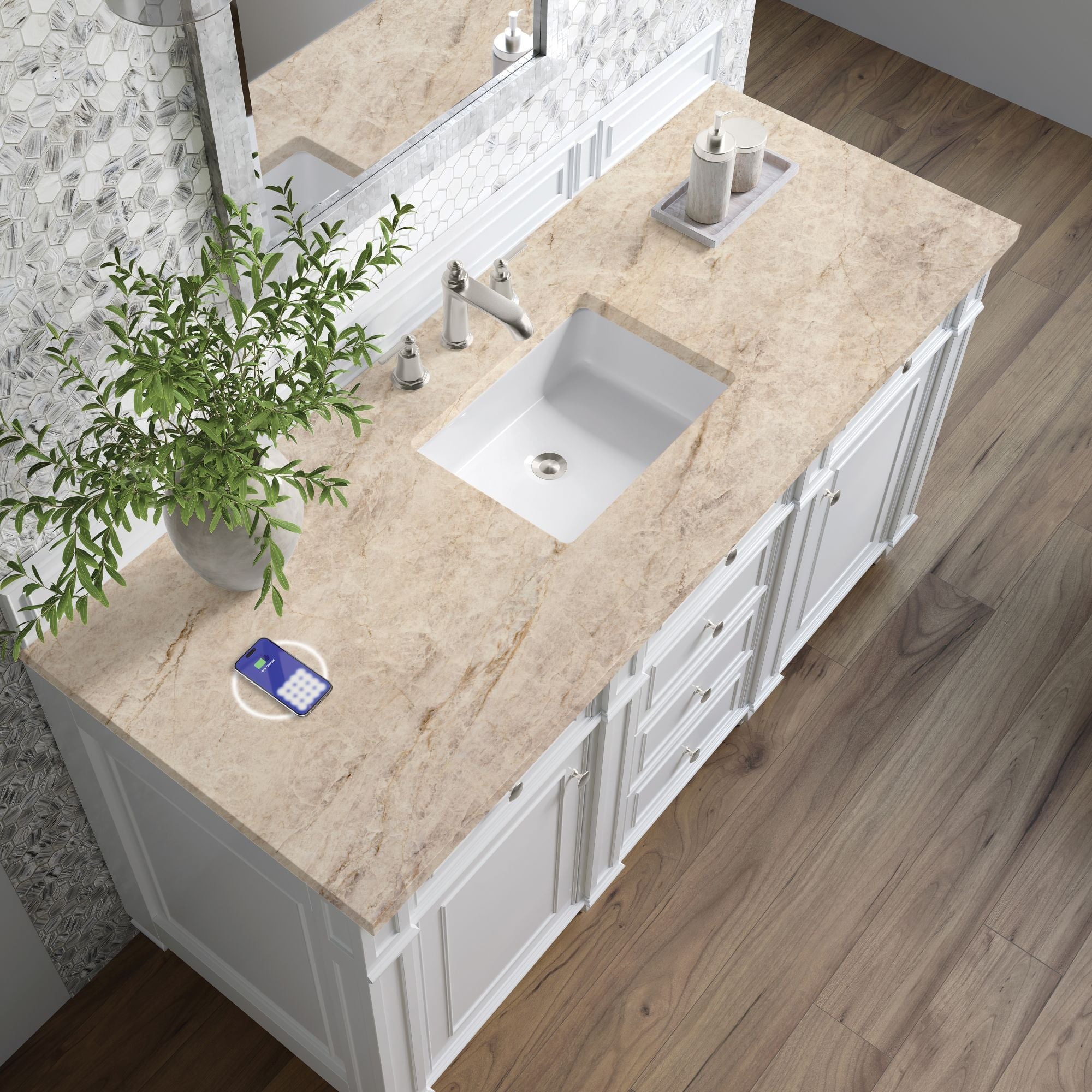 James Martin Bristol 60" Single Bathroom Vanity, Bright White with Tajnar (FreePower) countertop