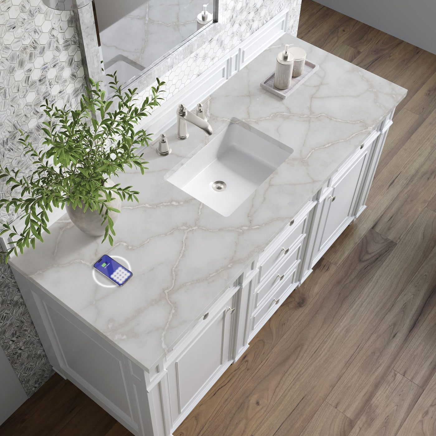 James Martin Bristol 60" Single Bathroom Vanity, Bright White with Victorian Silver (FreePower) countertop