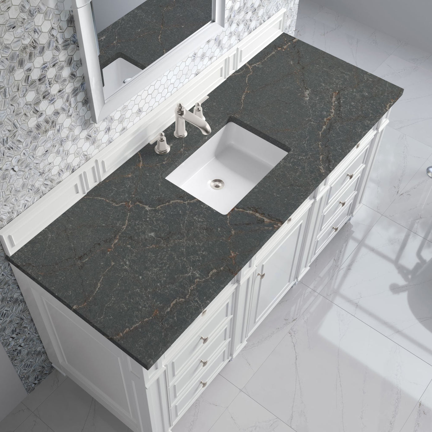 James Martin Bristol 60" Single Bathroom Vanity, Bright White with Parisien Bleu countertop