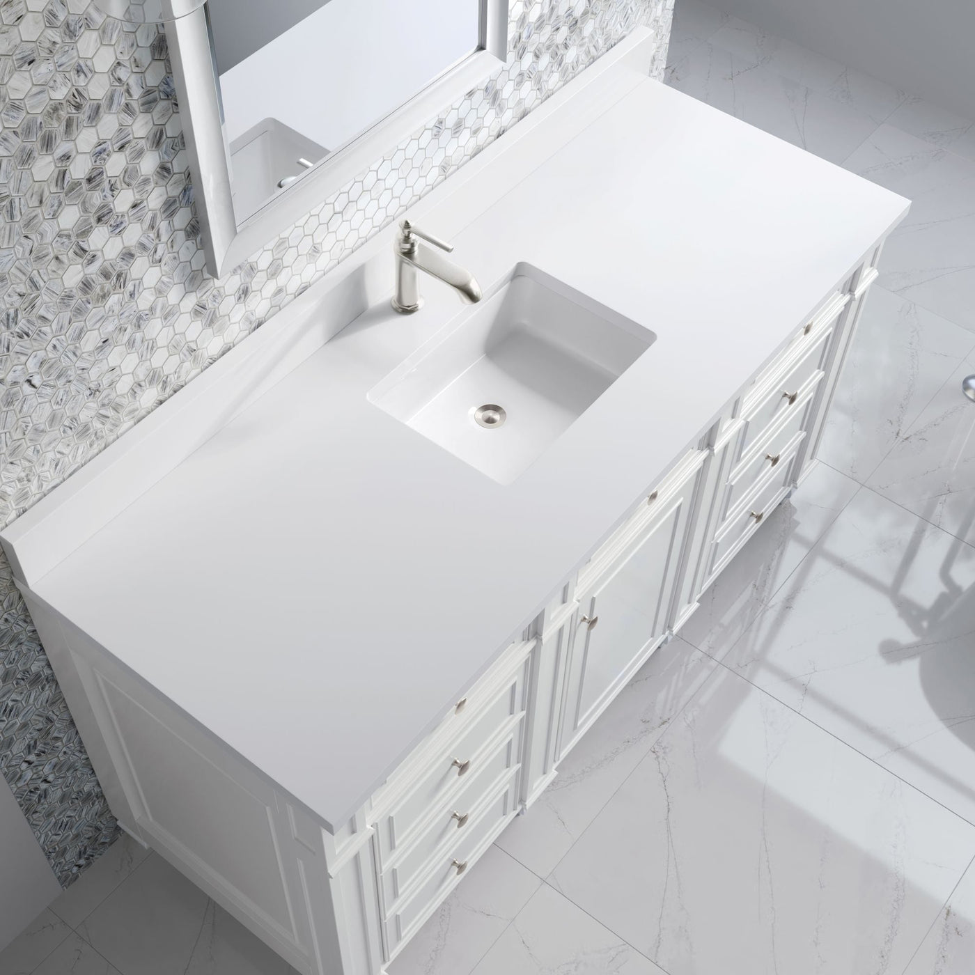 James Martin Bristol 60" Single Bathroom Vanity, Bright White with White Zeus (Single Hole, with Backsplash) countertop