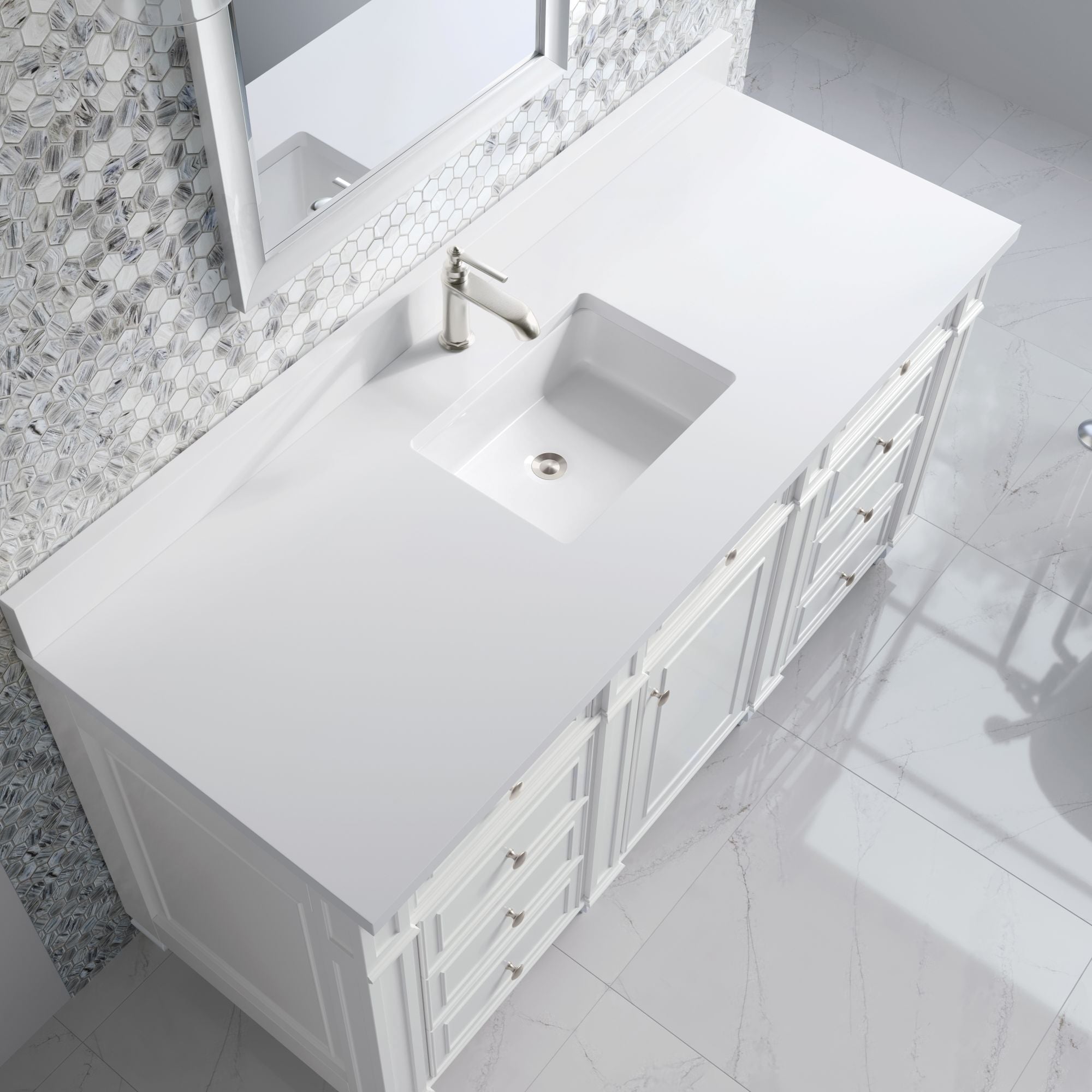 James Martin Bristol 60" Single Bathroom Vanity, Bright White with White Zeus (Single Hole, with Backsplash) countertop