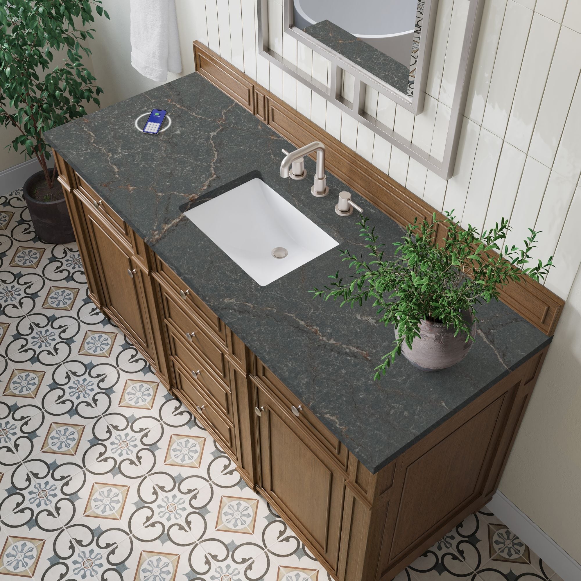 James Martin Bristol 60" Single Bathroom Vanity, Saddle Brown with Parisien Bleu (FreePower) countertop