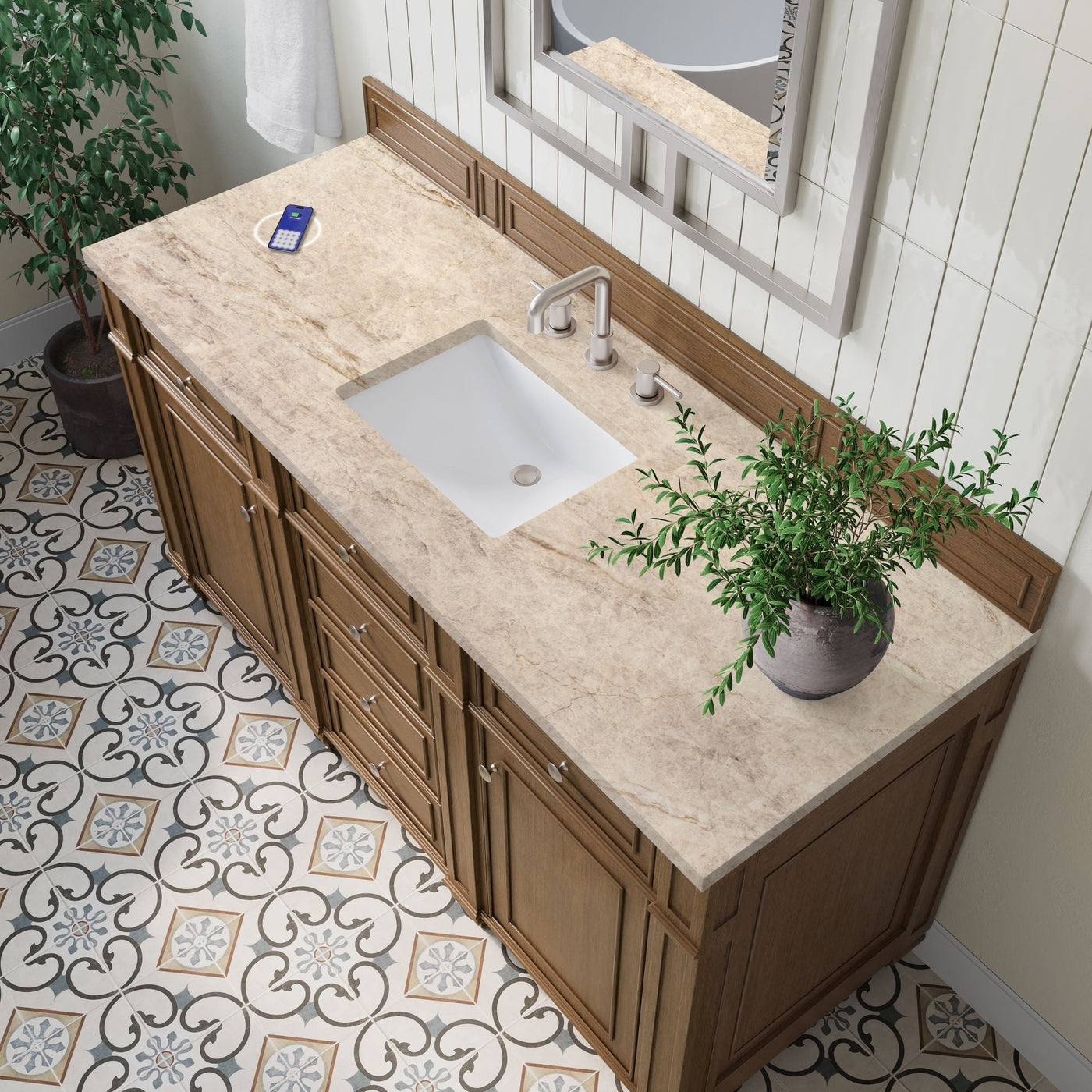 James Martin Bristol 60" Single Bathroom Vanity, Saddle Brown with Tajnar (FreePower) countertop