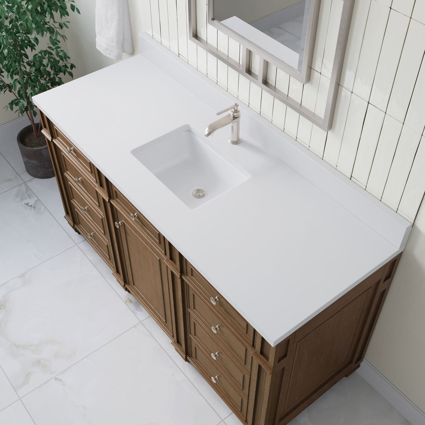 James Martin Bristol 60" Single Bathroom Vanity, Saddle Brown with White Zeus (Single Hole, with Backsplash) countertop