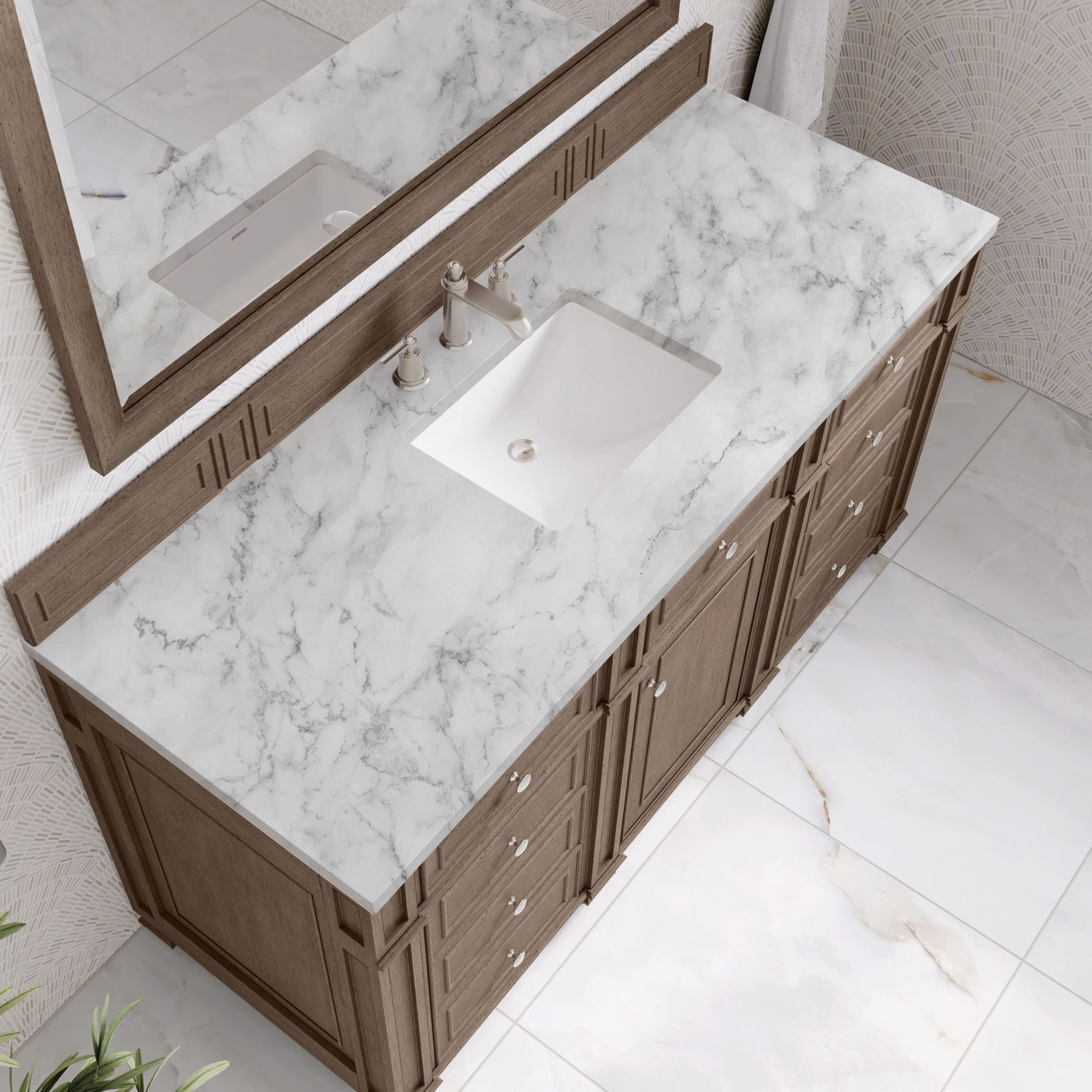 James Martin Bristol 60" Single Bathroom Vanity, Whitewashed Walnut with Carrara White countertop