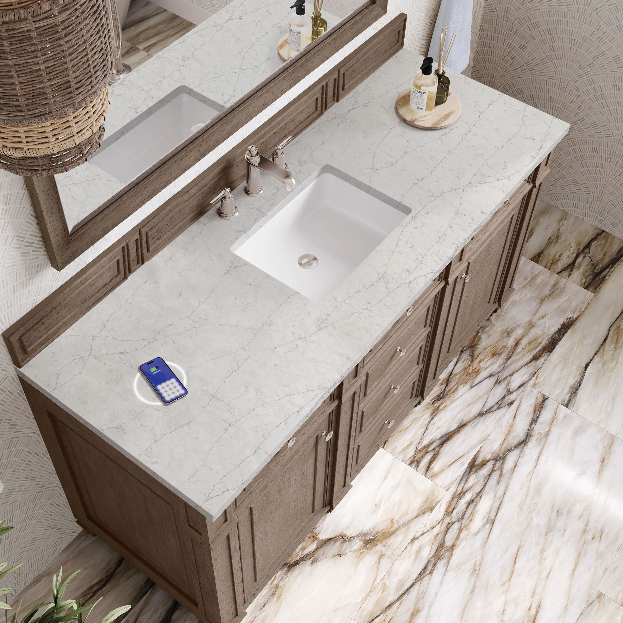 James Martin Bristol 60" Single Bathroom Vanity, Whitewashed Walnut with Eternal Jasmine Pearl (FreePower) countertop