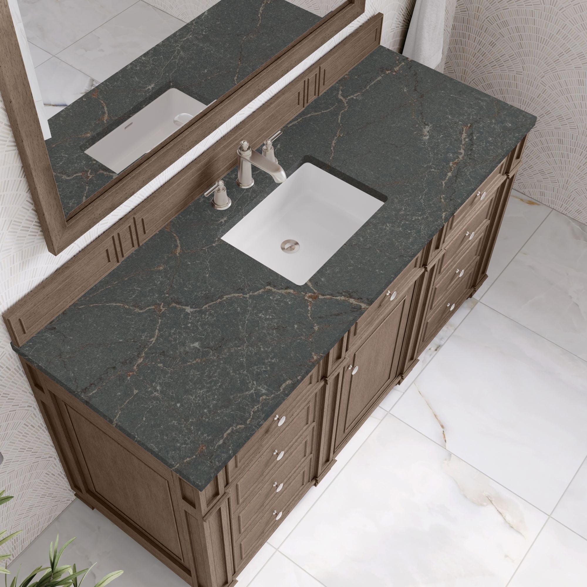 James Martin Bristol 60" Single Bathroom Vanity, Whitewashed Walnut with Parisien Bleu countertop