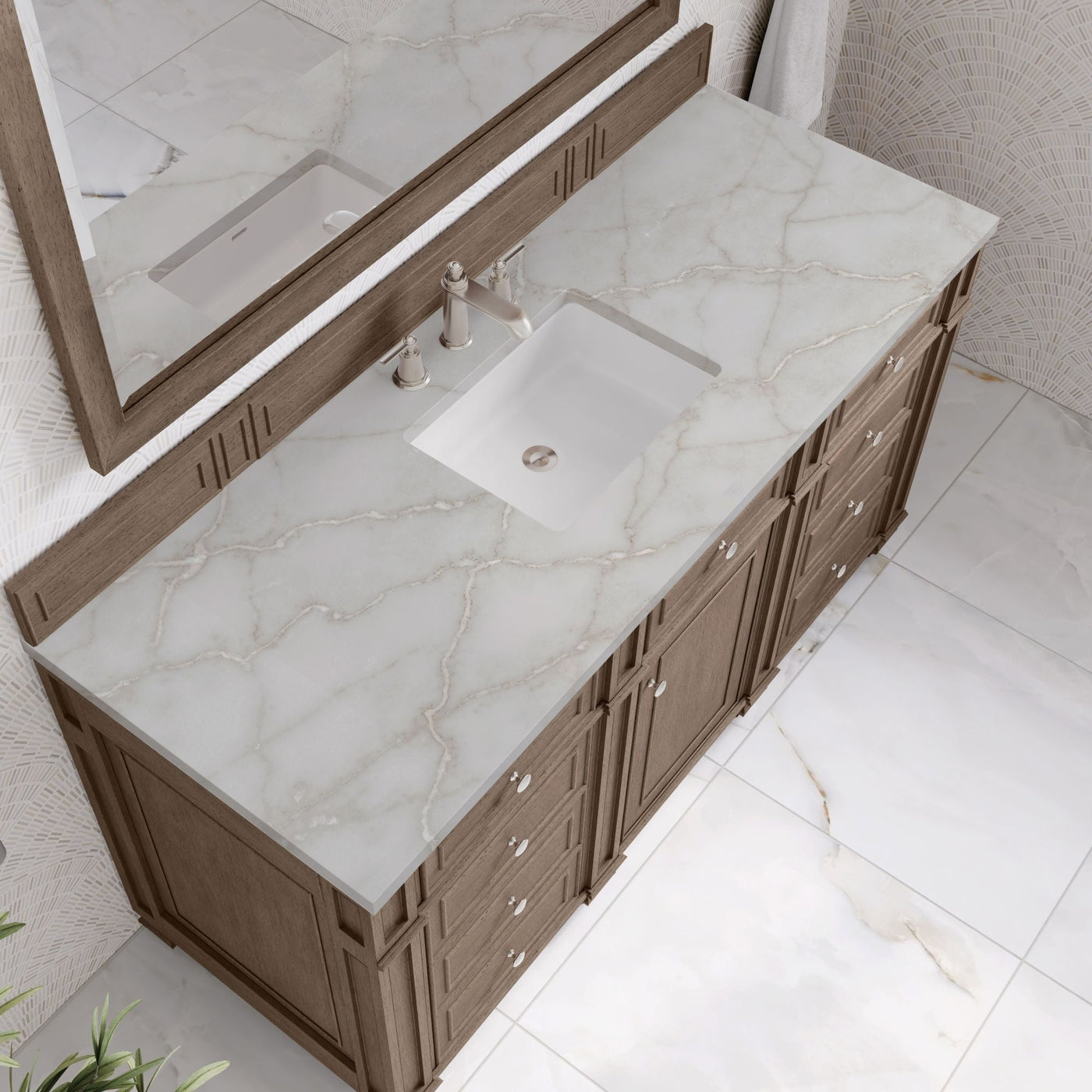 James Martin Bristol 60" Single Bathroom Vanity, Whitewashed Walnut with Victorian Silver countertop