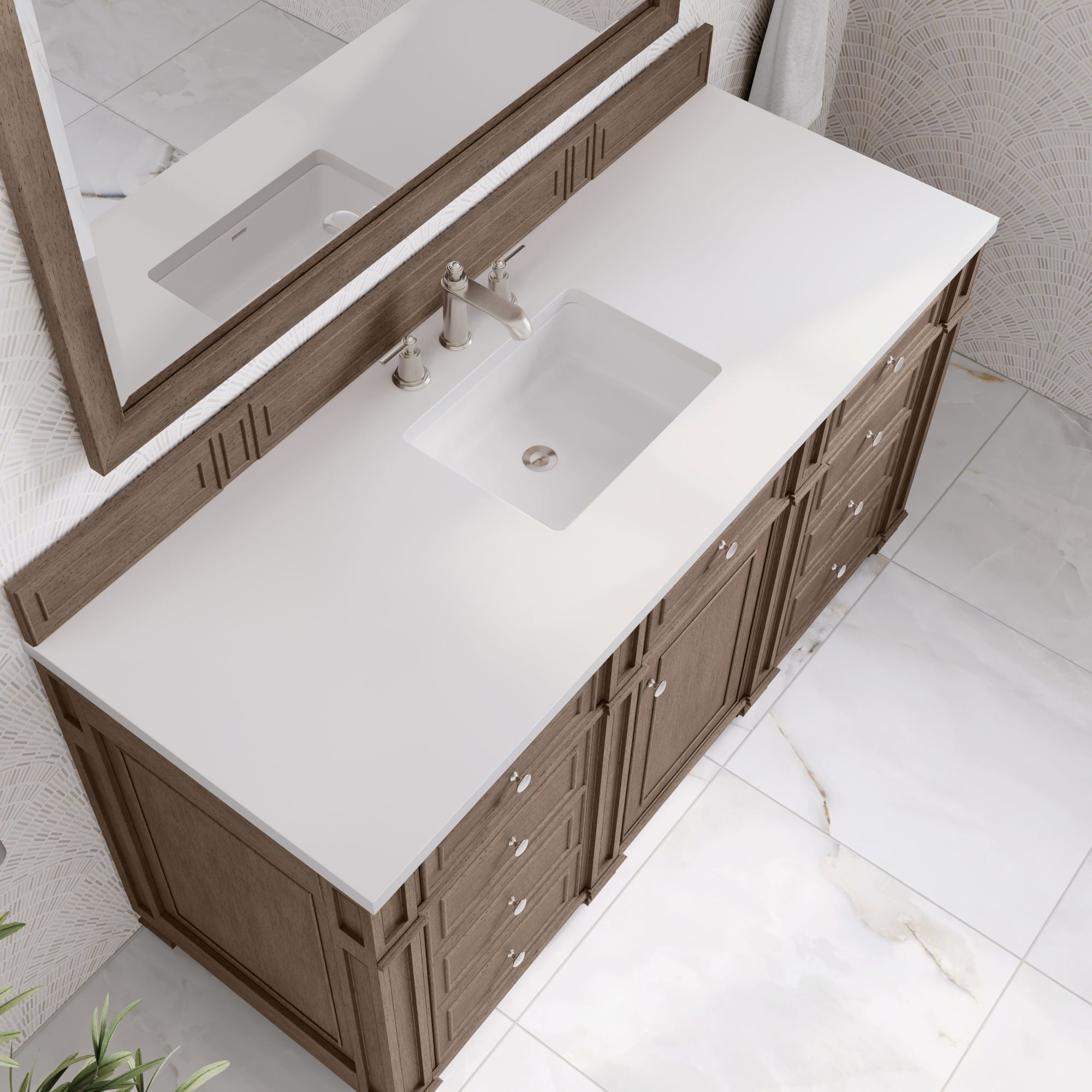 James Martin Bristol 60" Single Bathroom Vanity, Whitewashed Walnut with White Zeus countertop