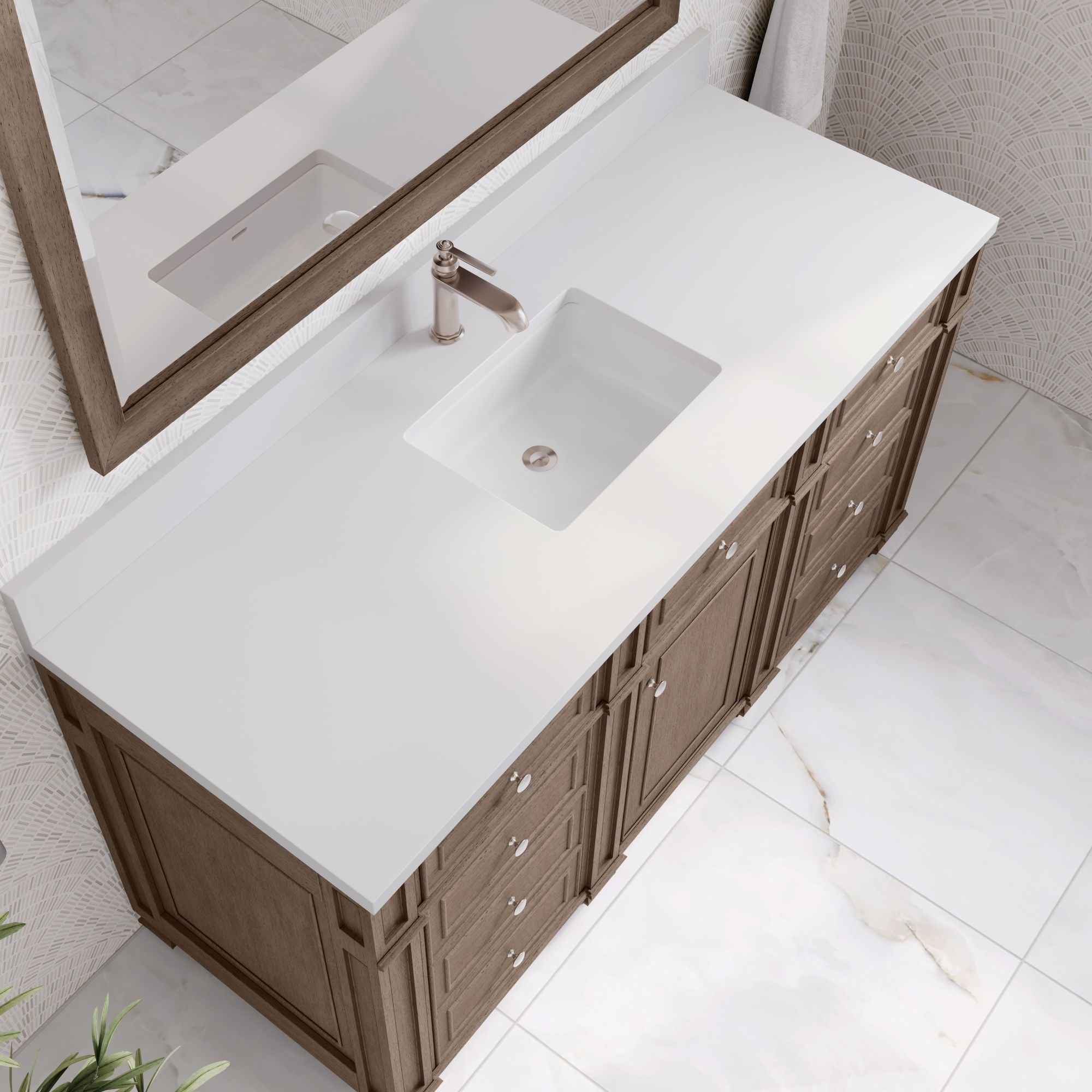 James Martin Bristol 60" Single Bathroom Vanity, Whitewashed Walnut with White Zeus (Single Hole, with Backsplash) countertop