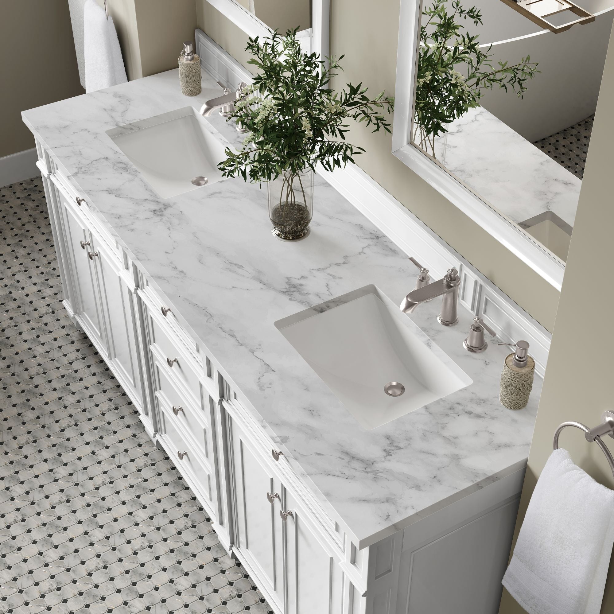 James Martin Bristol 72" Double Bathroom Vanity, Bright White with Carrara White countertop