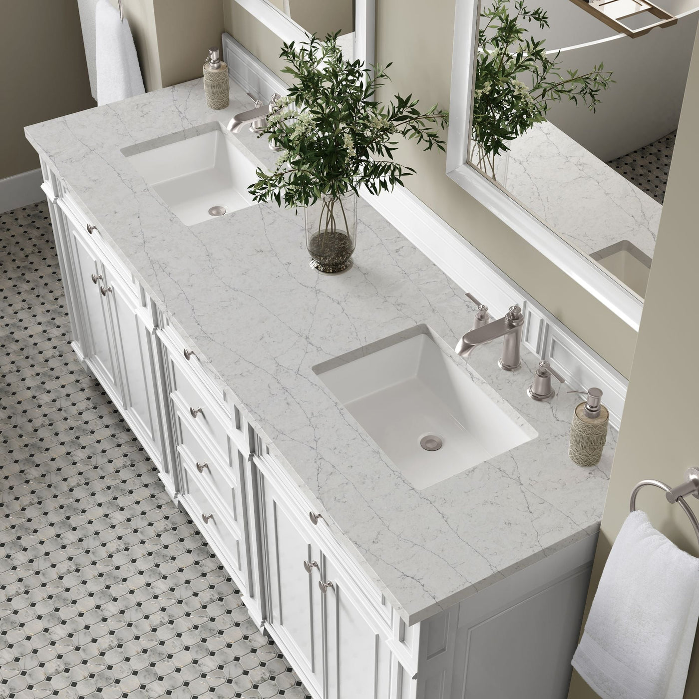 James Martin Bristol 72" Double Bathroom Vanity, Bright White with Eternal Jasmine Pearl countertop