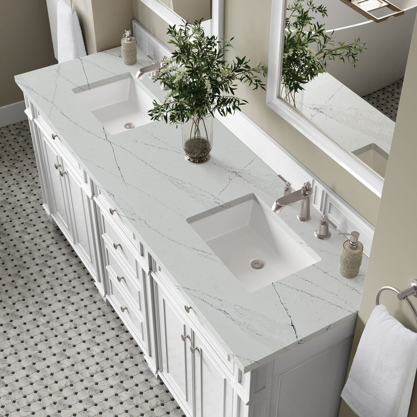 James Martin Bristol 72" Double Bathroom Vanity, Bright White with Ethereal Noctis countertop