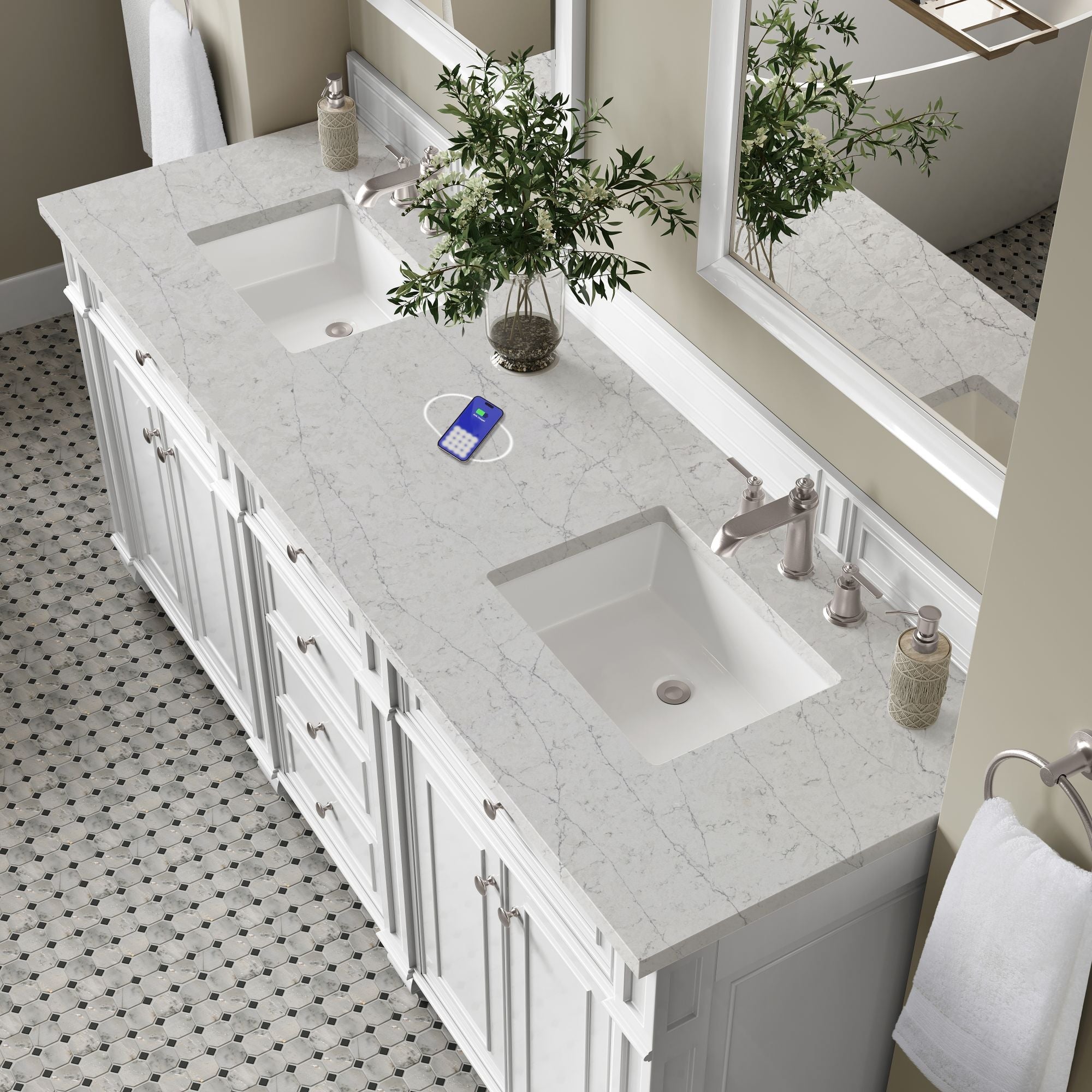 James Martin Bristol 72" Double Bathroom Vanity, Bright White with Eternal Jasmine Pearl (FreePower) countertop