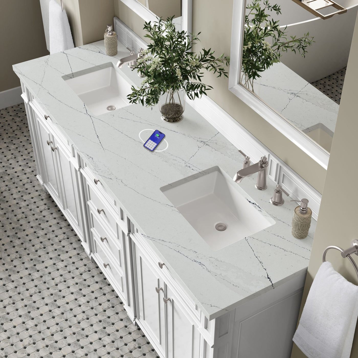 James Martin Bristol 72" Double Bathroom Vanity, Bright White with Ethereal Noctis (FreePower) countertop