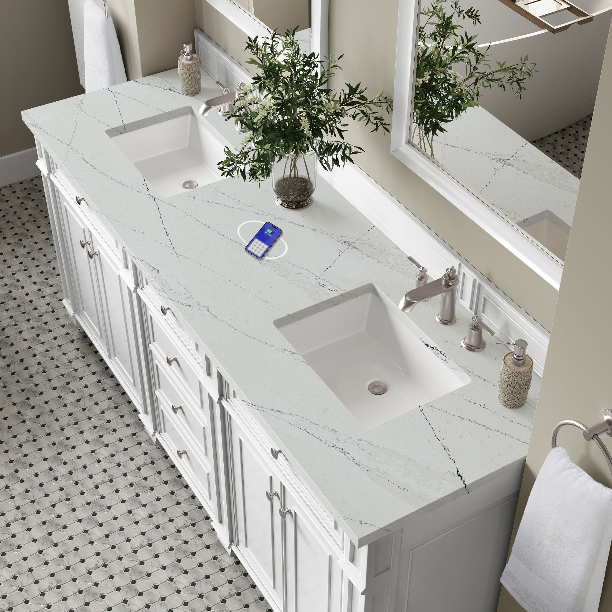 James Martin Bristol 72" Double Bathroom Vanity, Bright White with Ethereal Noctis (FreePower) countertop
