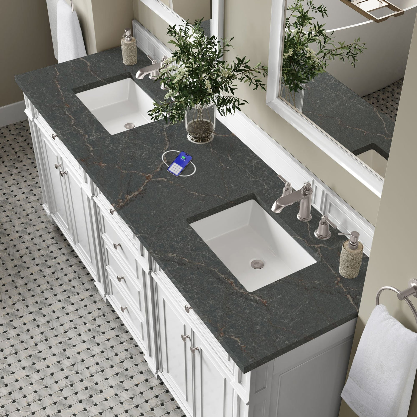 James Martin Bristol 72" Double Bathroom Vanity, Bright White with Parisien Bleu (FreePower) countertop